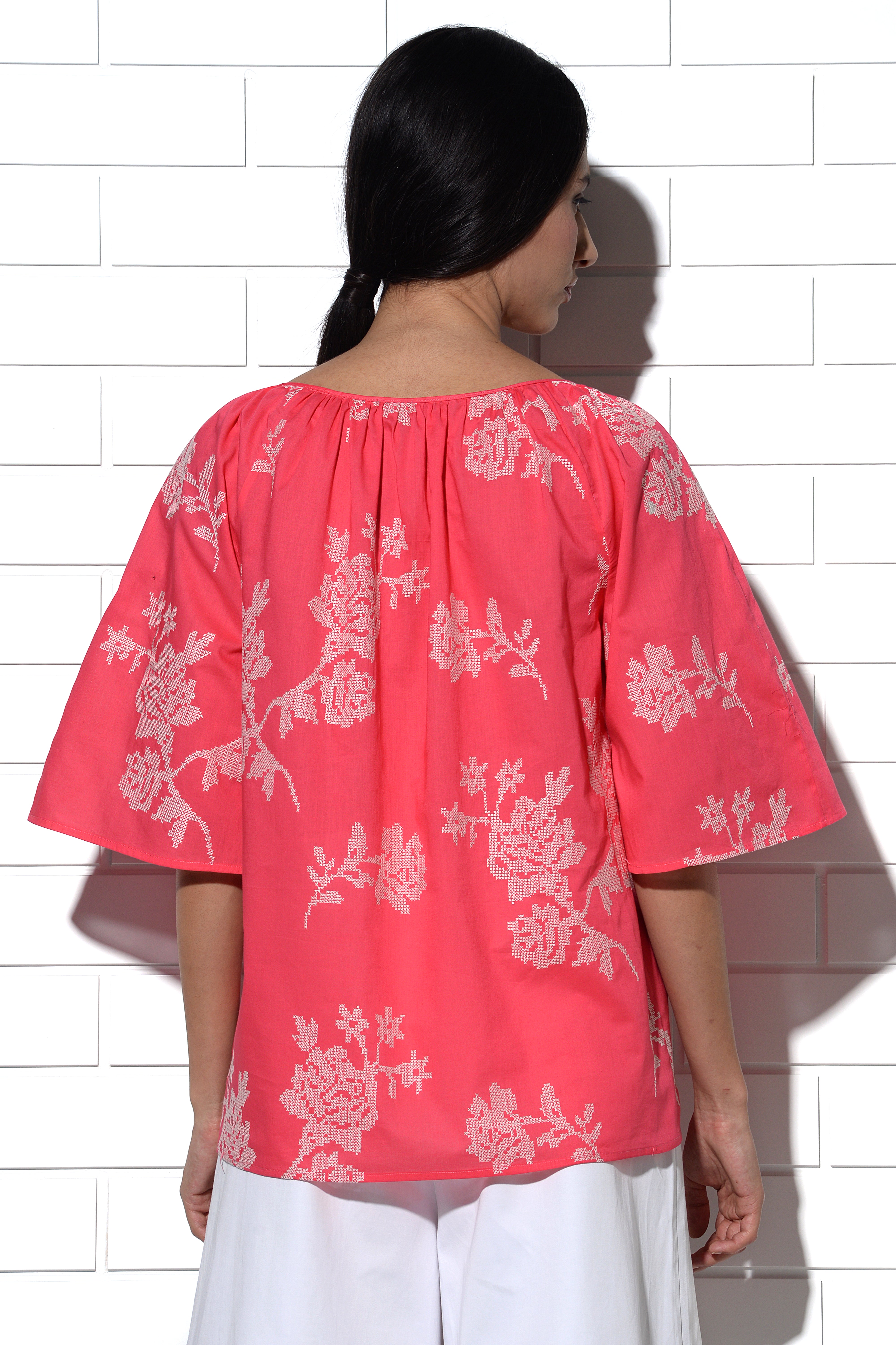 Paros gathered top in pink with rose embroidery