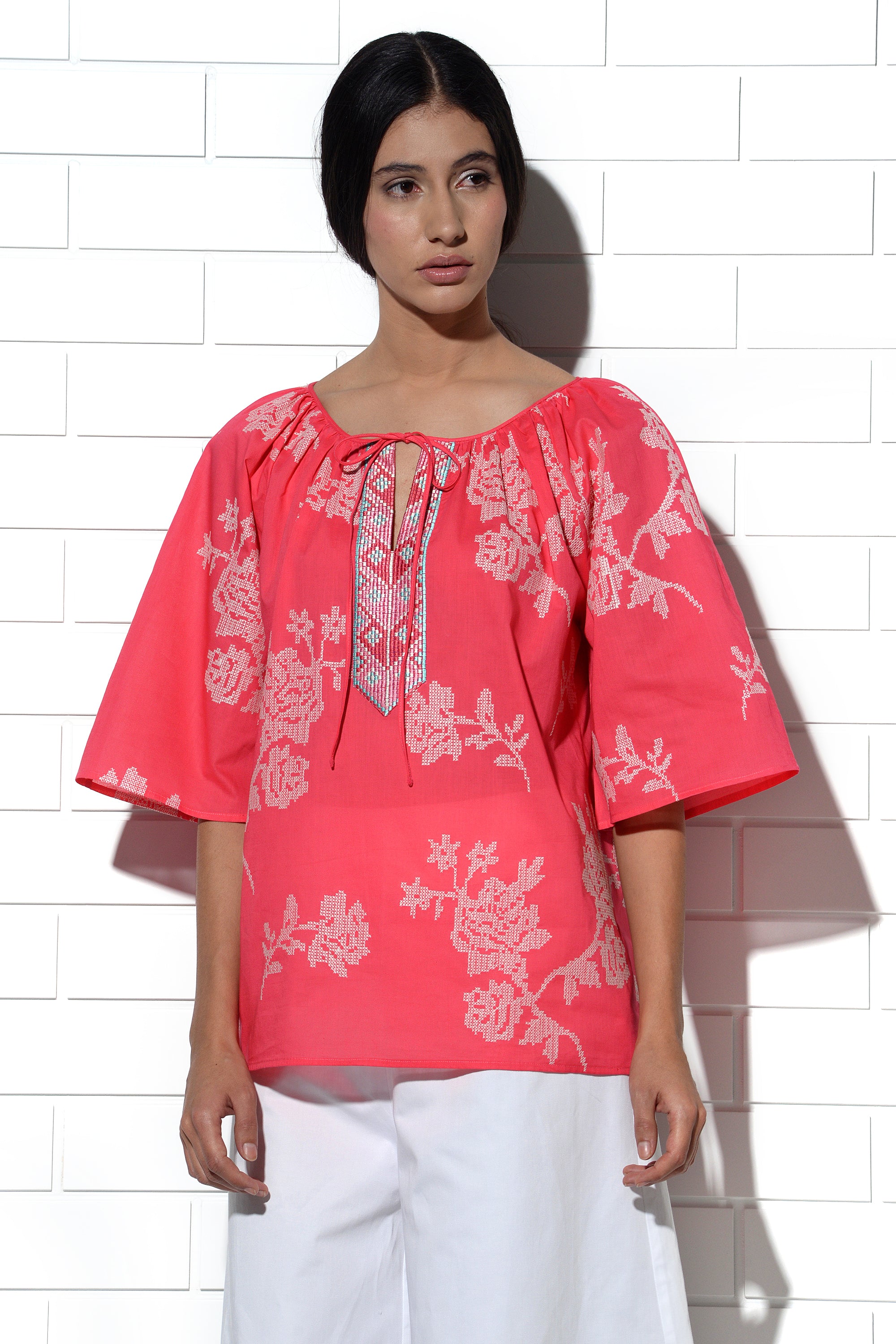 Paros gathered top in pink with rose embroidery