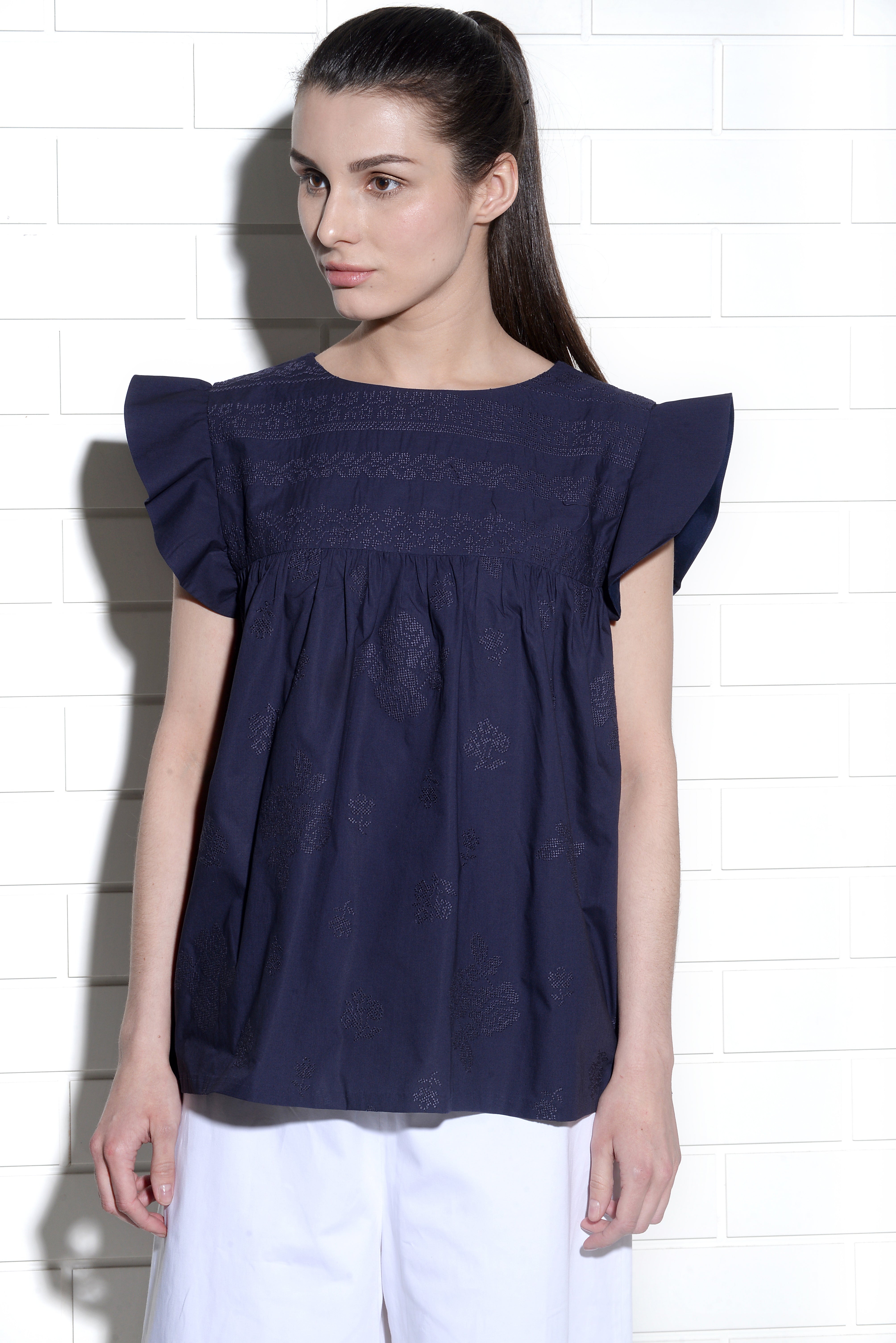 Happy Petals wing sleeve top with cross stitch embroidery