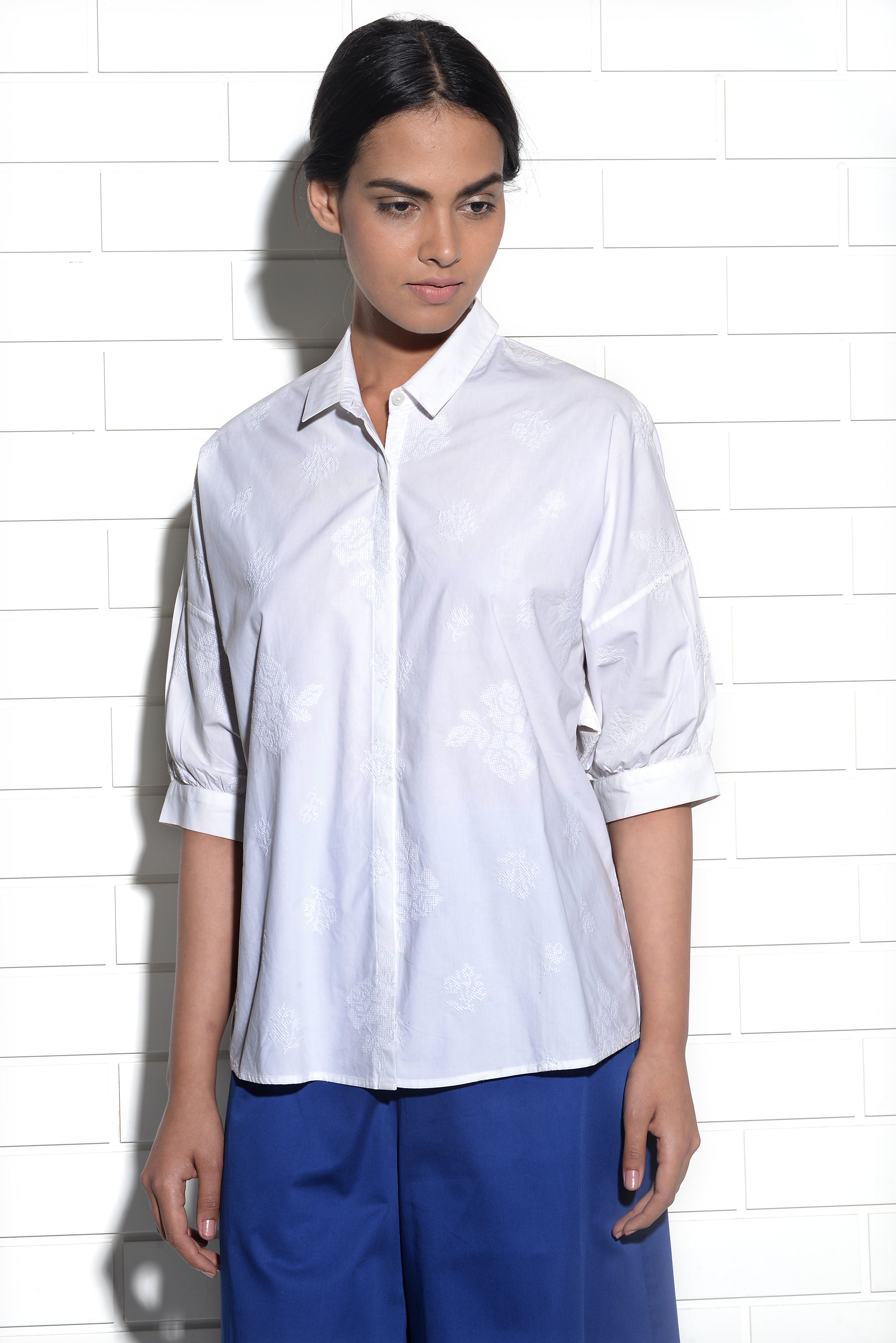 English garden collared shirt with cross stitch embroidery