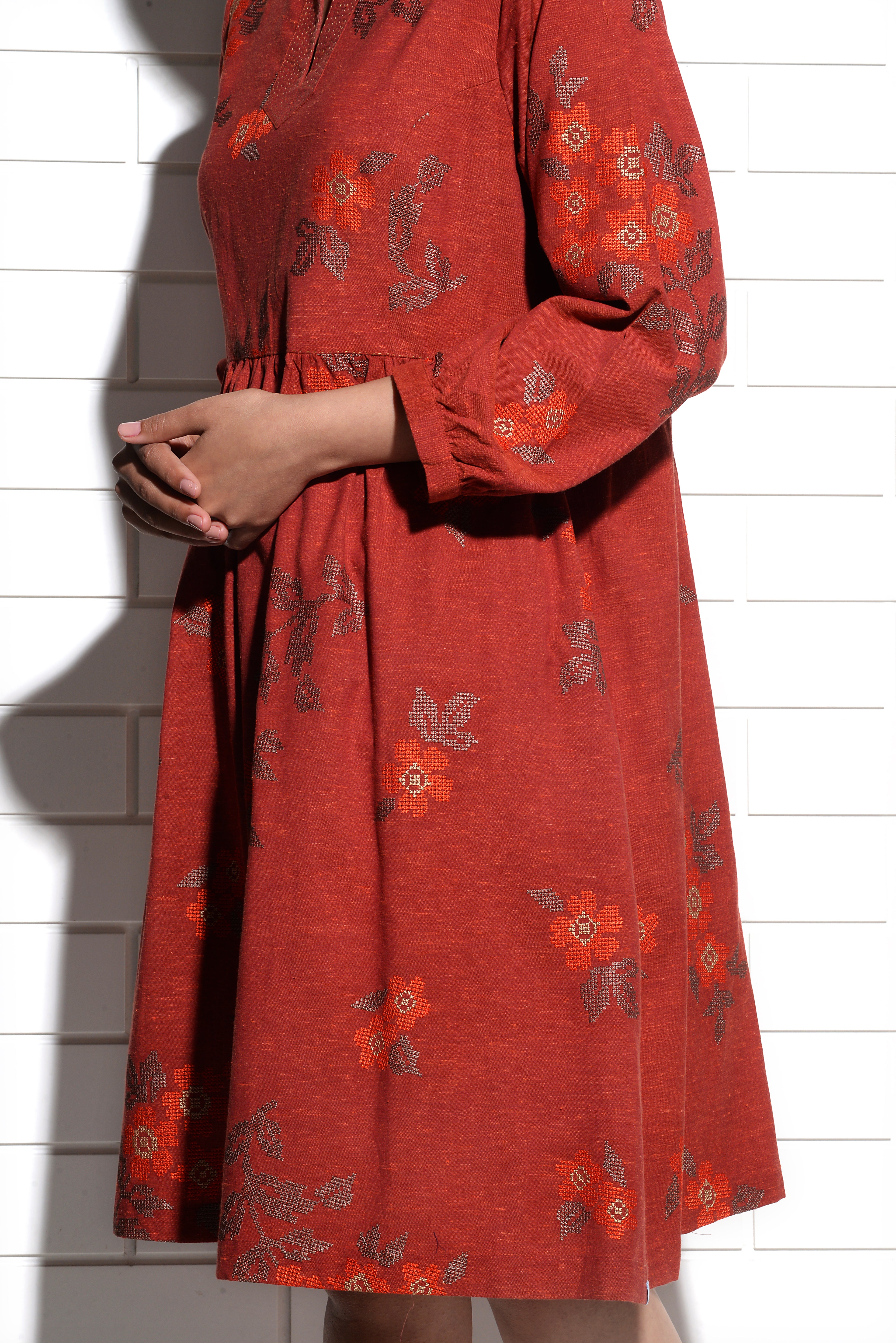 Burnt orange Celosia Dress with cross stitch embroidery