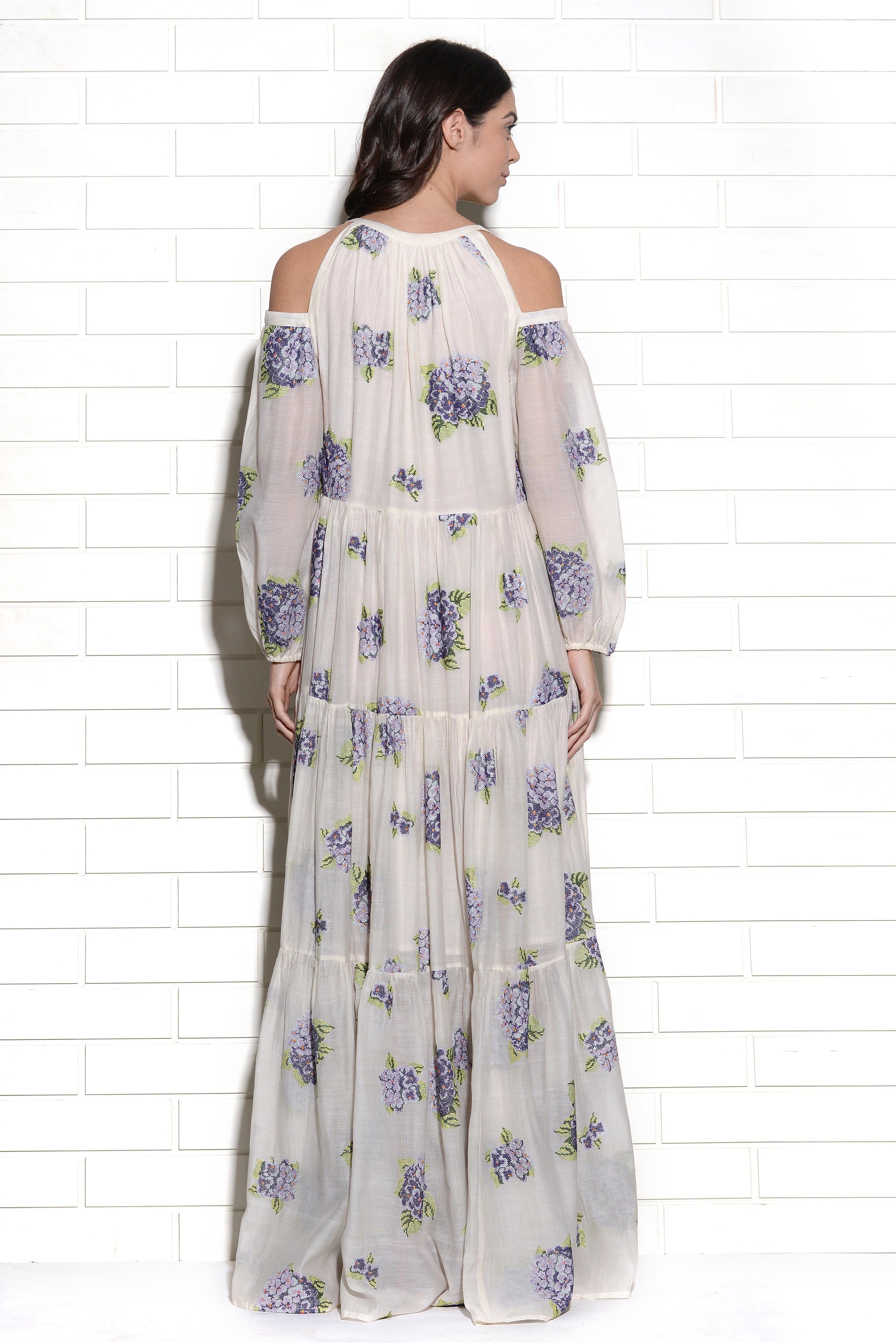 Diaphanous cold shoulder embroidered hydrangea dress