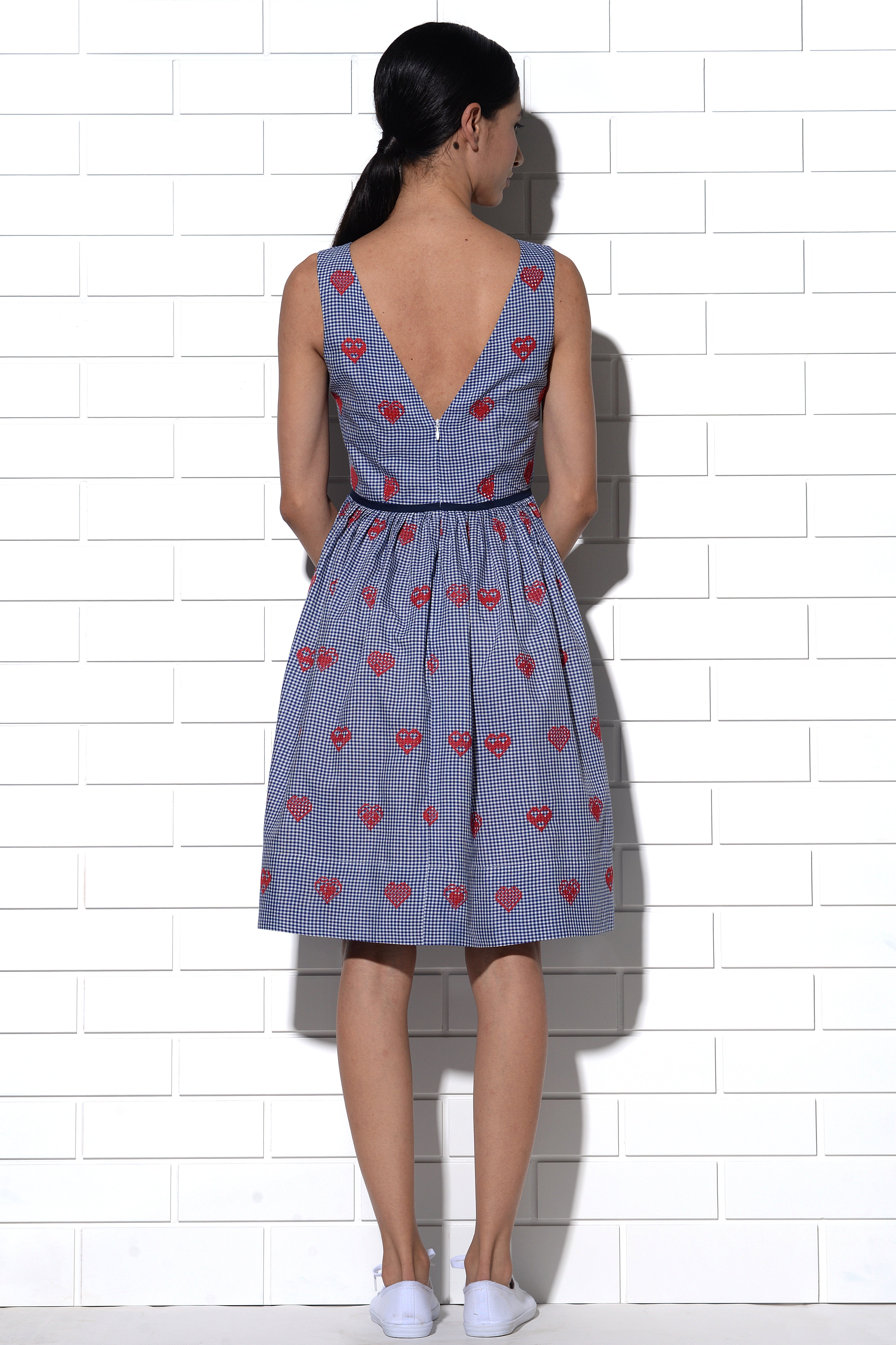 Rhodes gingham check dress with hearts embroidery