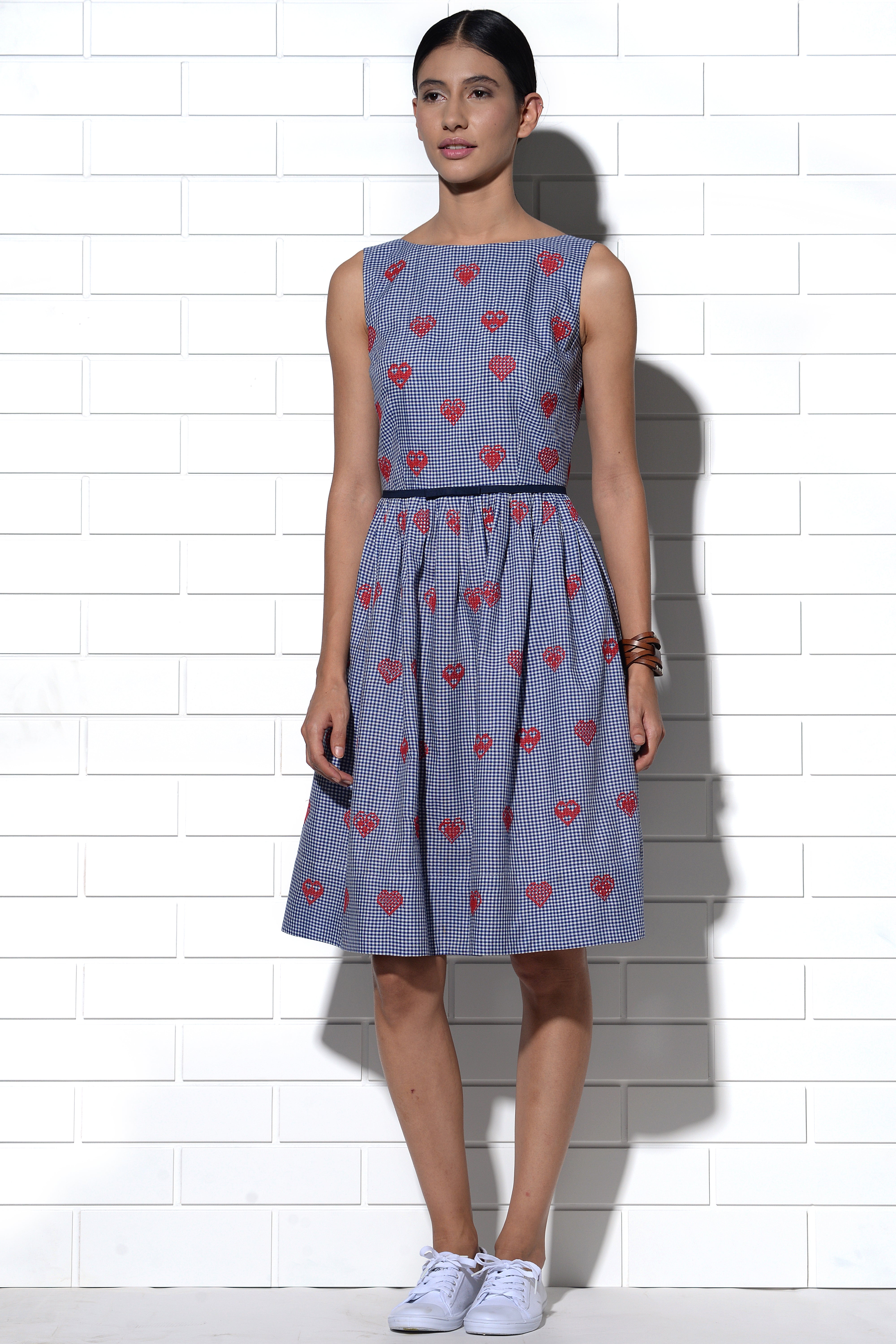 Rhodes gingham check dress with hearts embroidery
