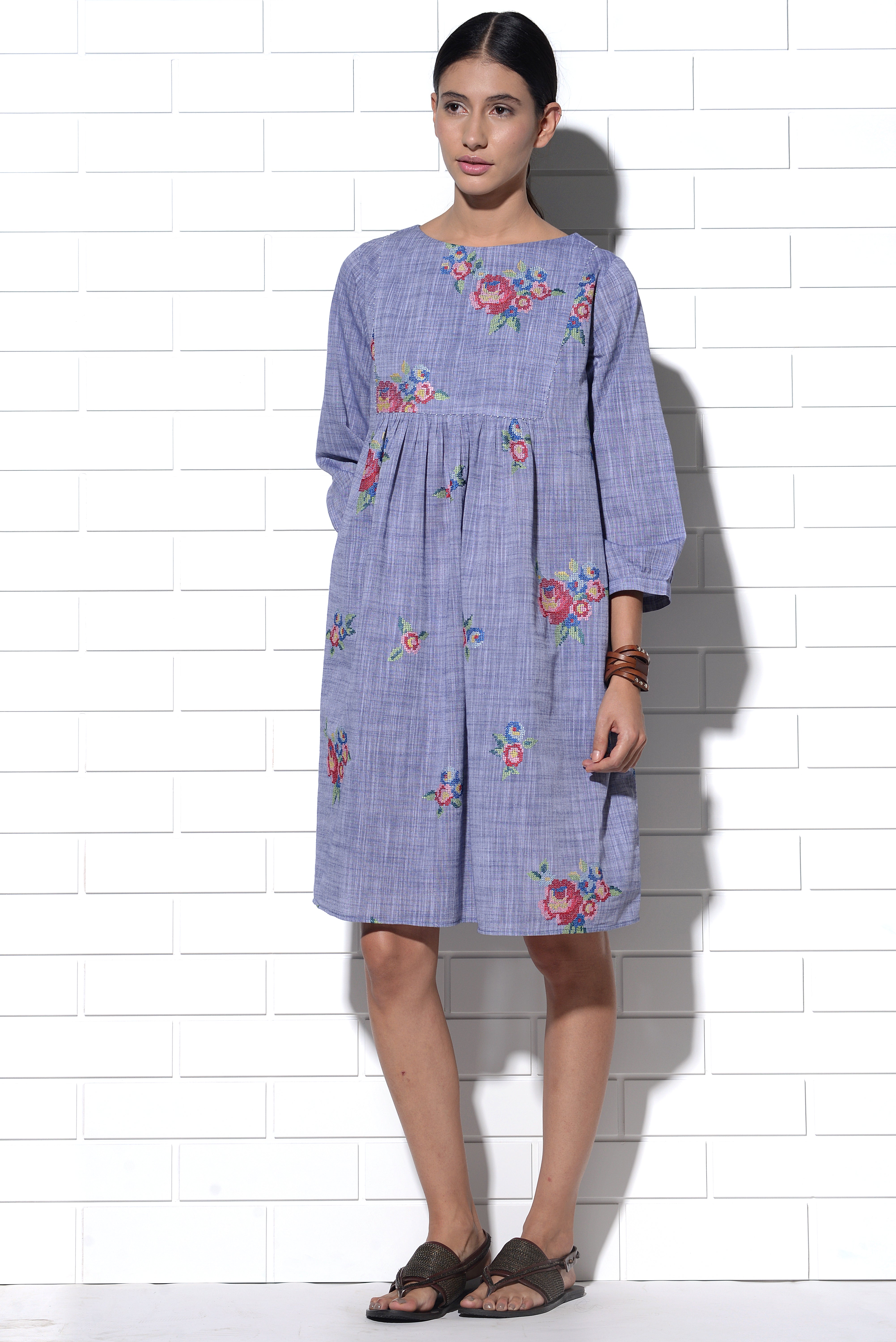 Crete dress in blue with multi-rose embroidery