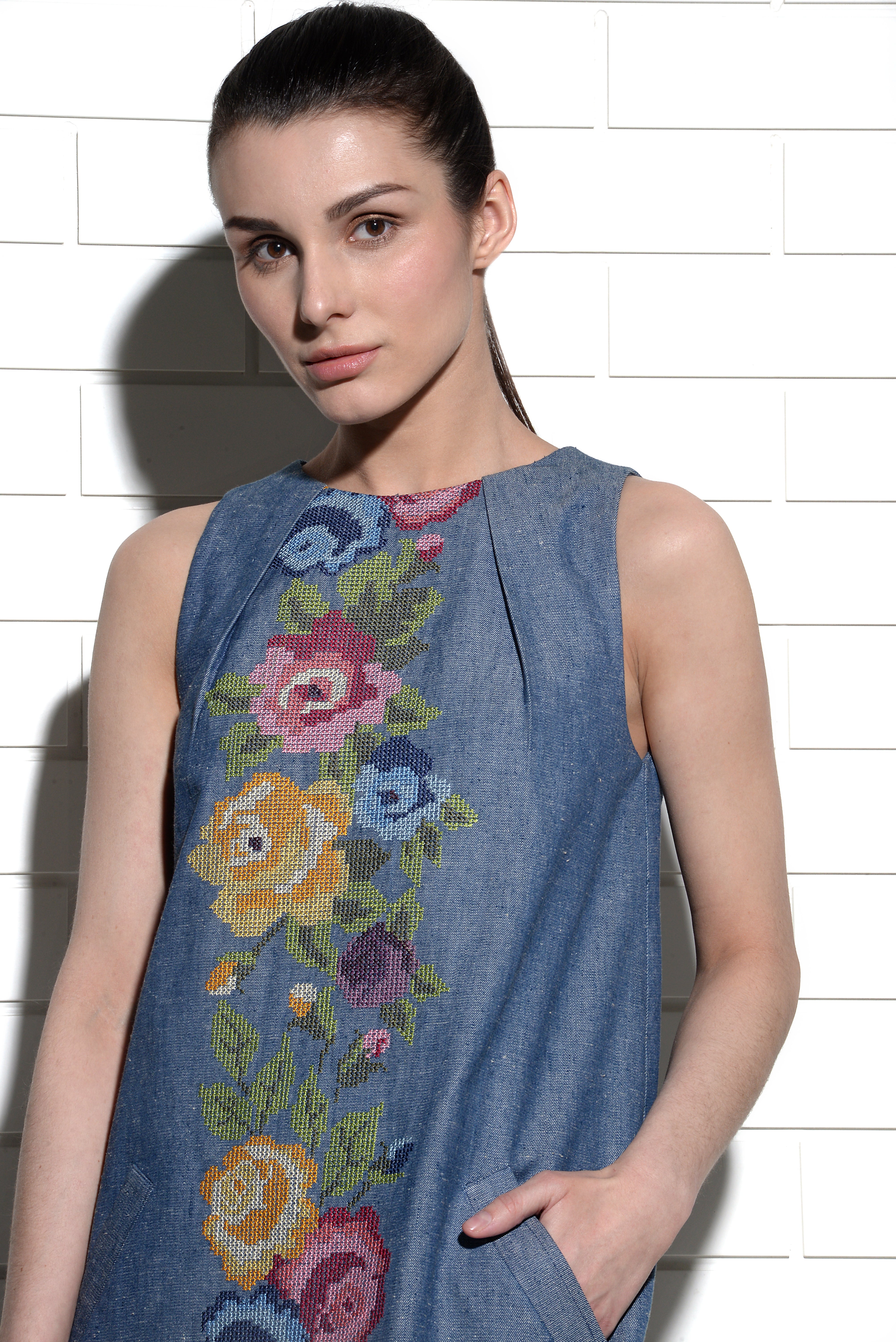 Shamal A-line dress with rose embroidery at centre front