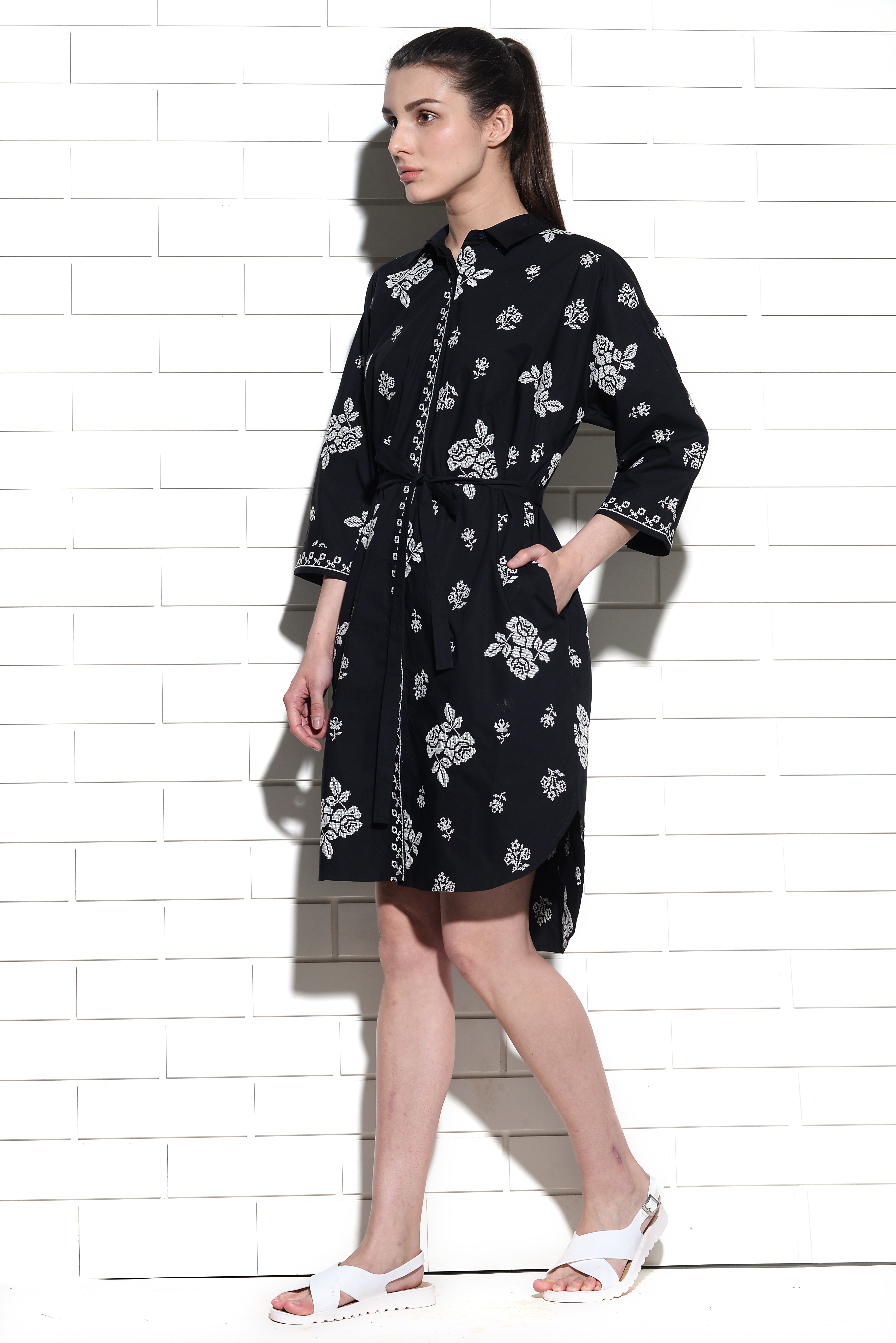 Wildflower belted dress with cross stitch embroidery