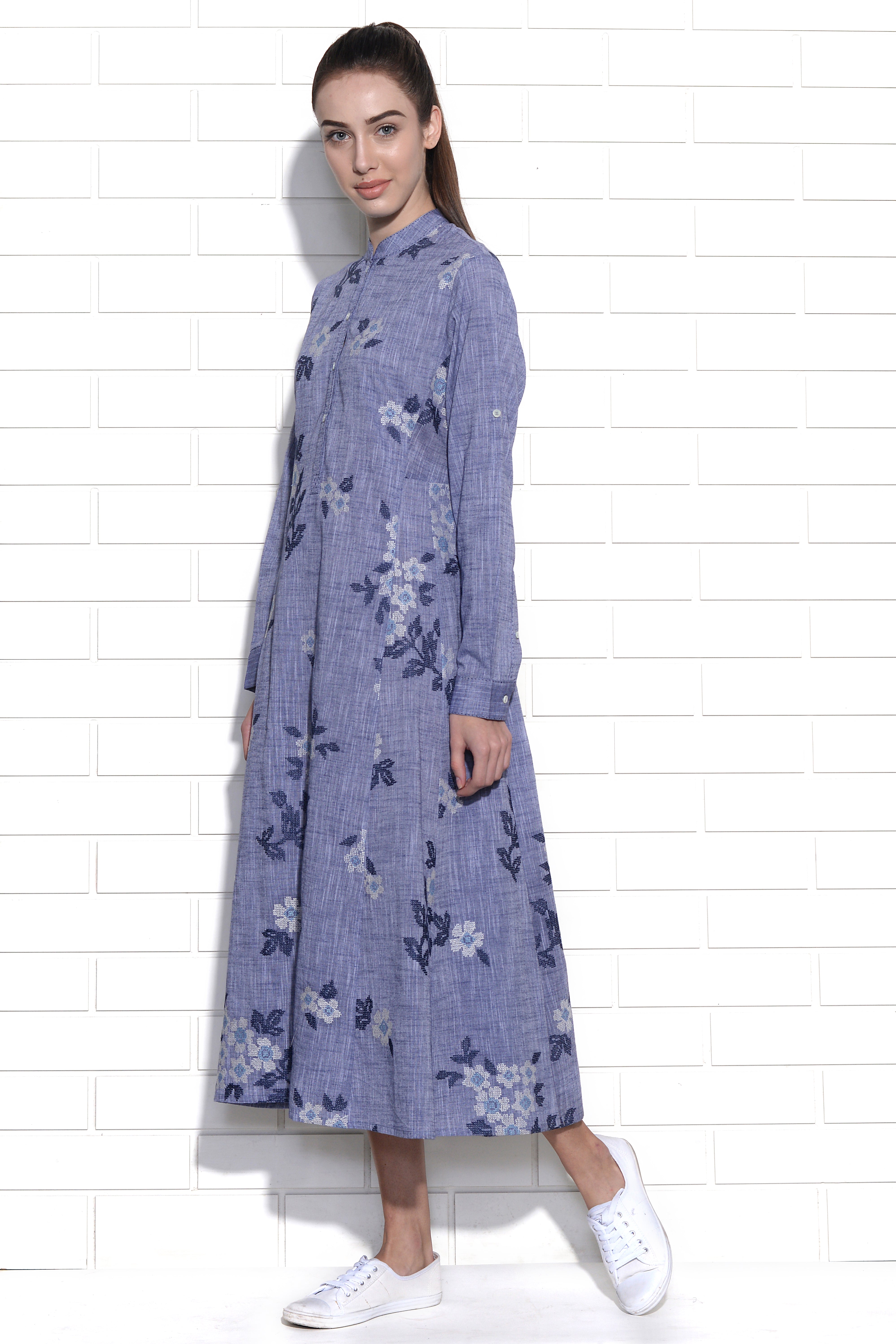 Blue Mist floral embroidery tunic dress