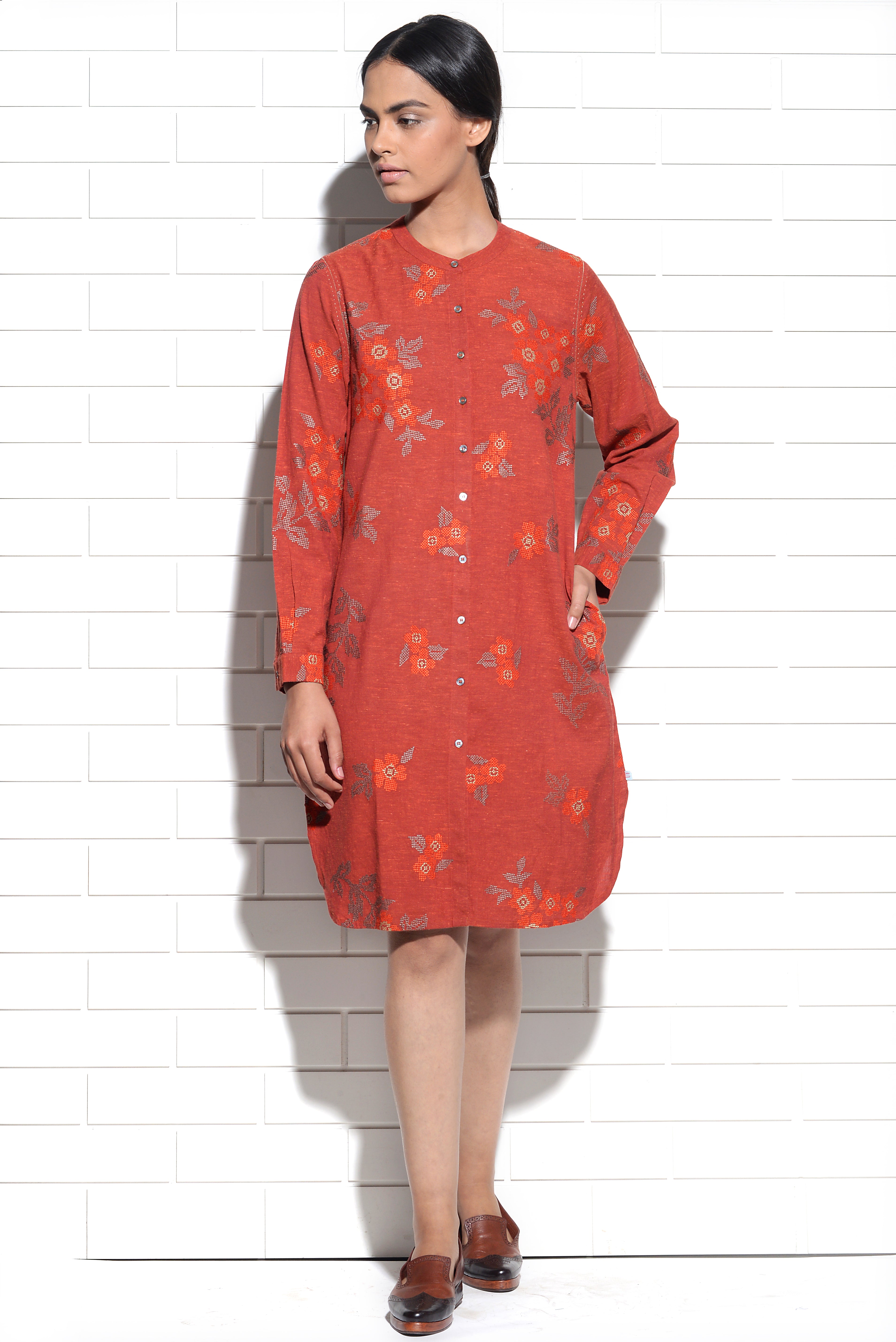 Burnt orange Iris Shirt Dress with cross stitch embroidery