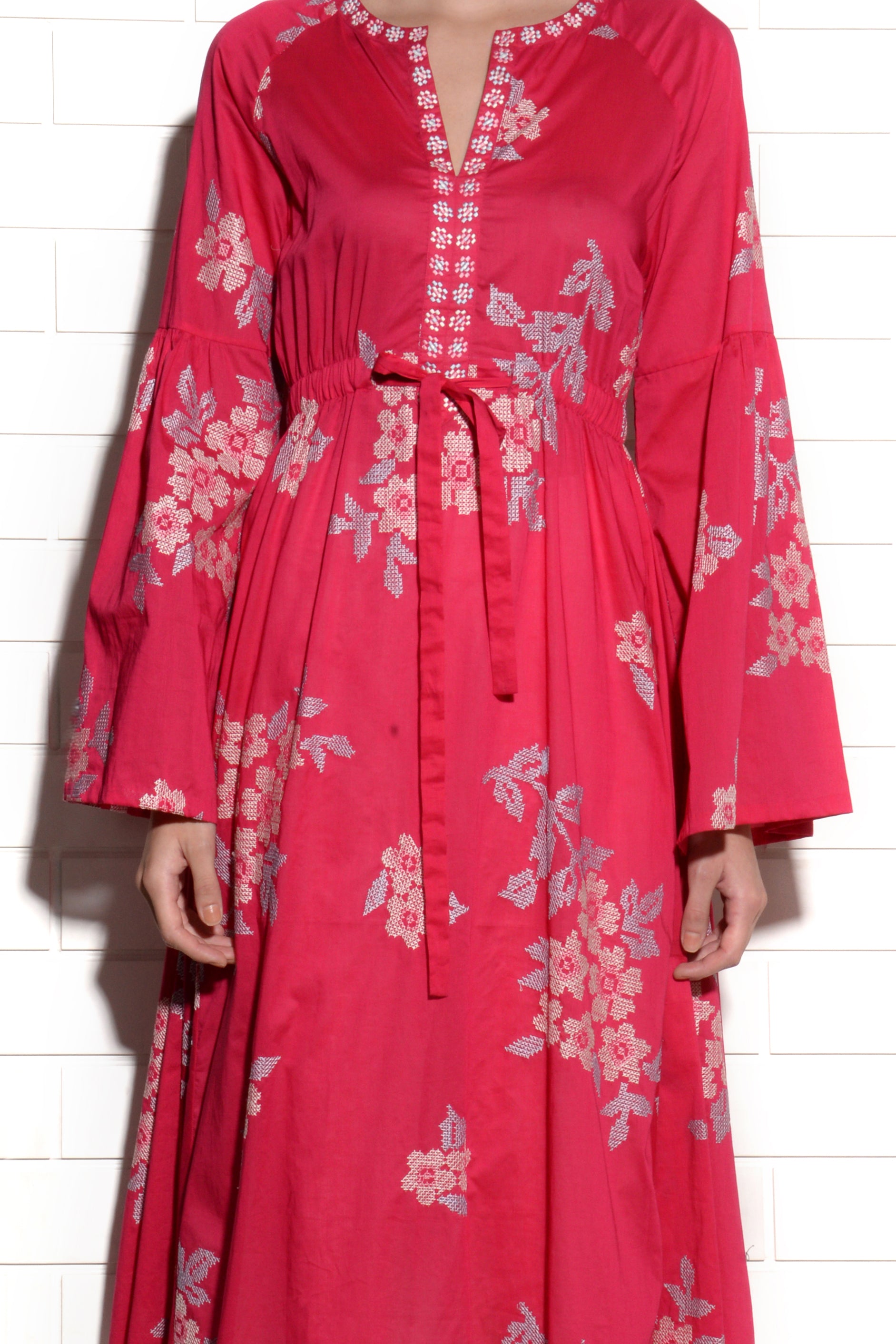 Dianthus pink tunic with cross stitch embroidery