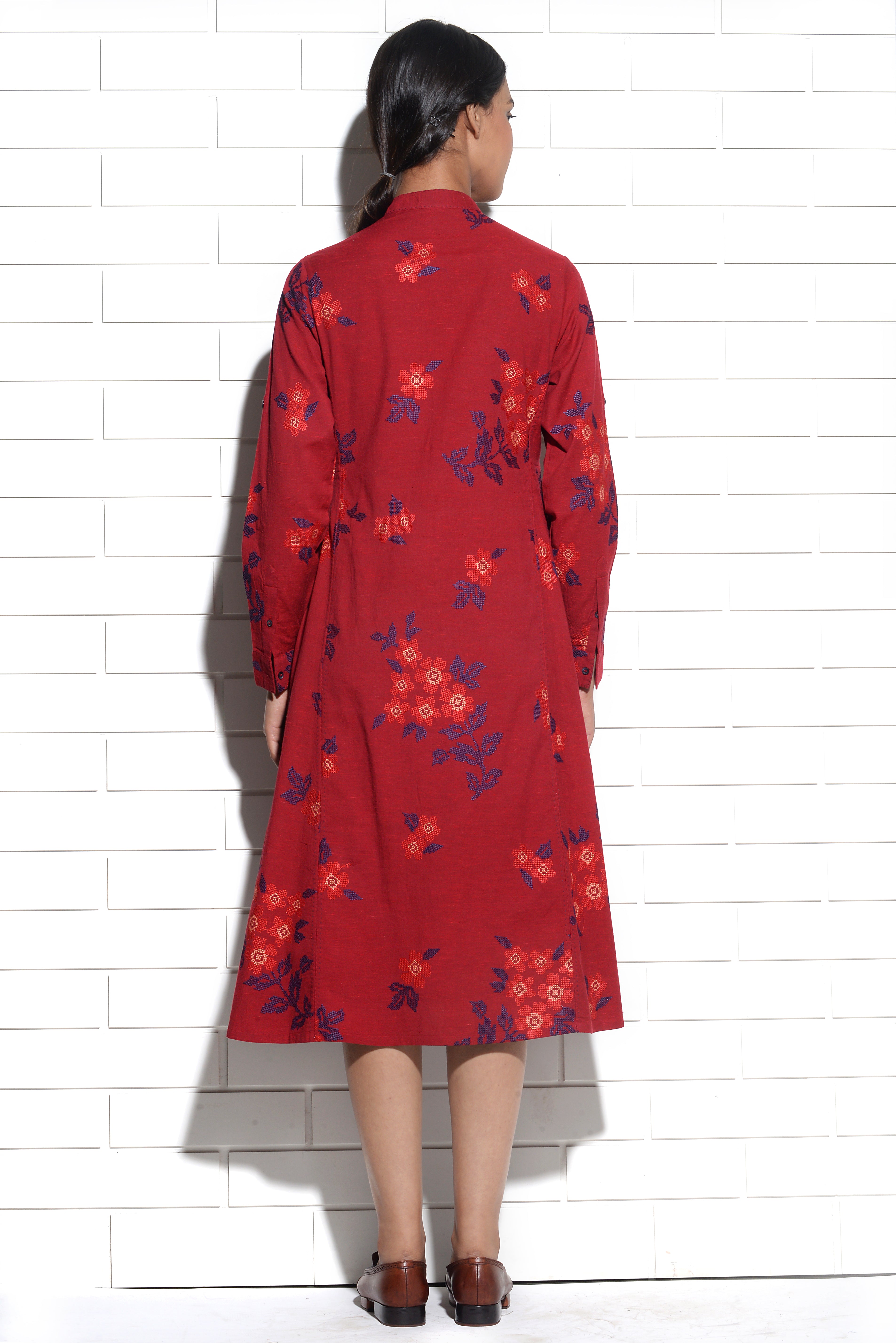 Bordeaux Magnolia Tunic Dress with cross stitch embroidery
