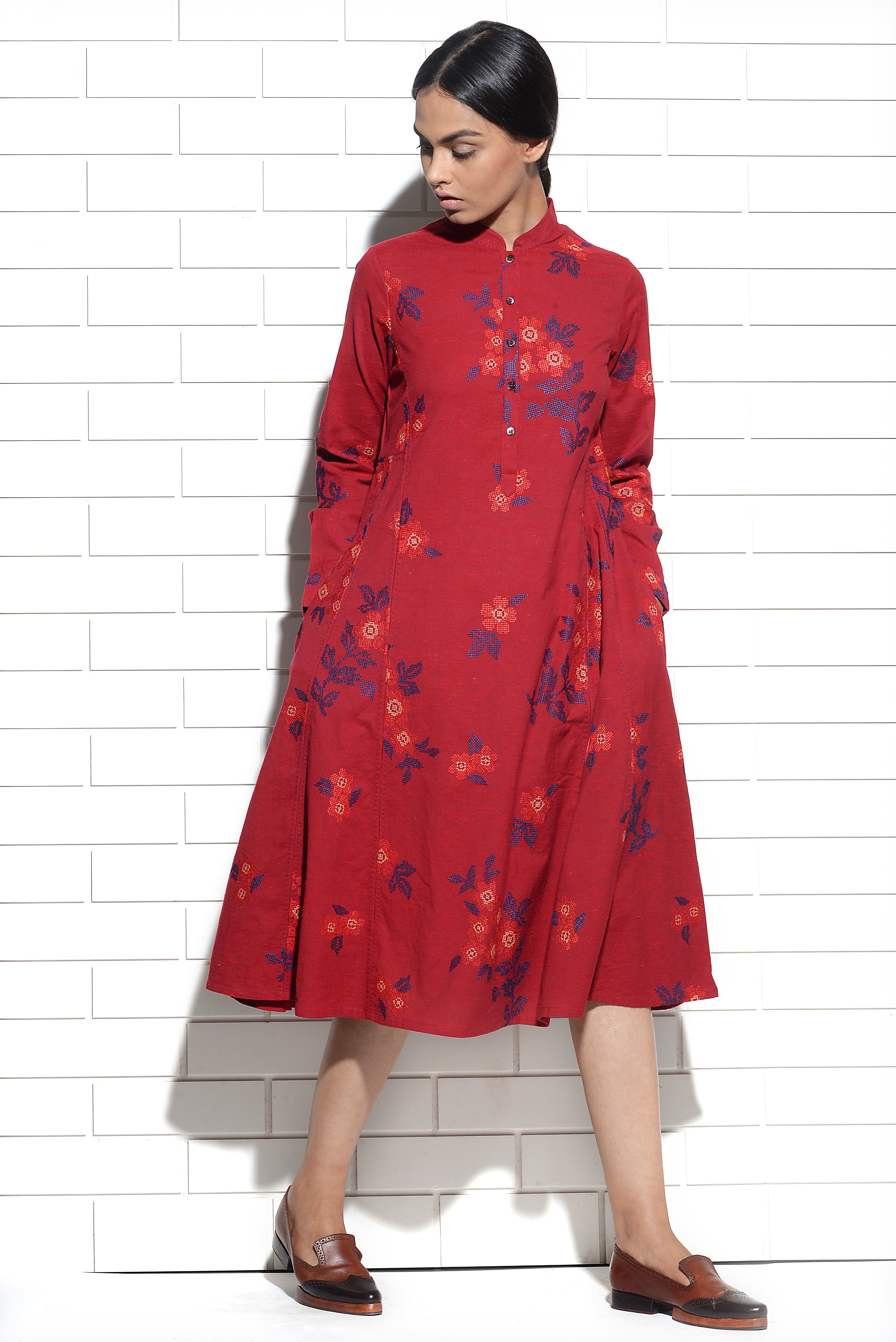 Bordeaux Magnolia Tunic Dress with cross stitch embroidery