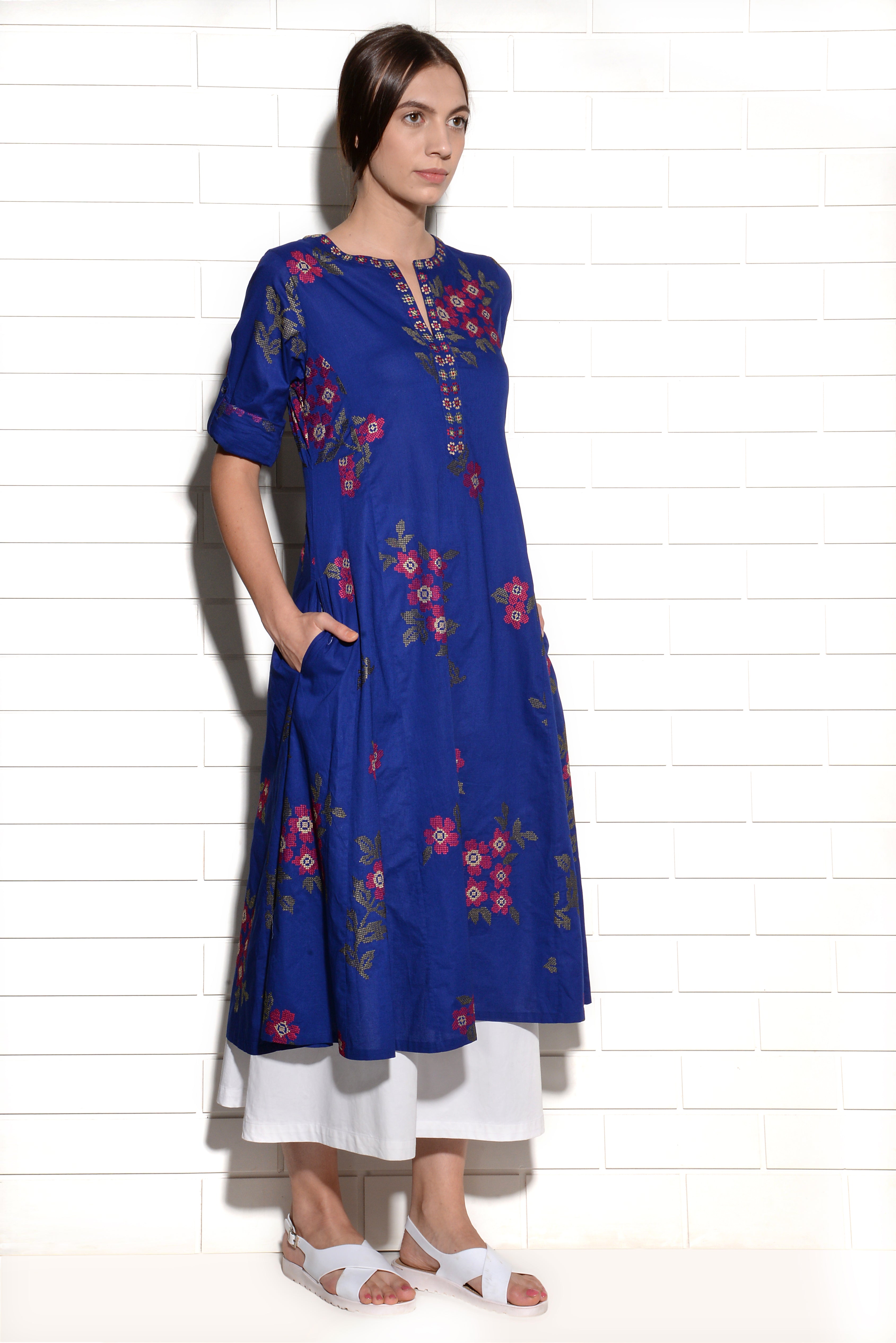 Tibouchina indigo tunic with cross stitch embroidery