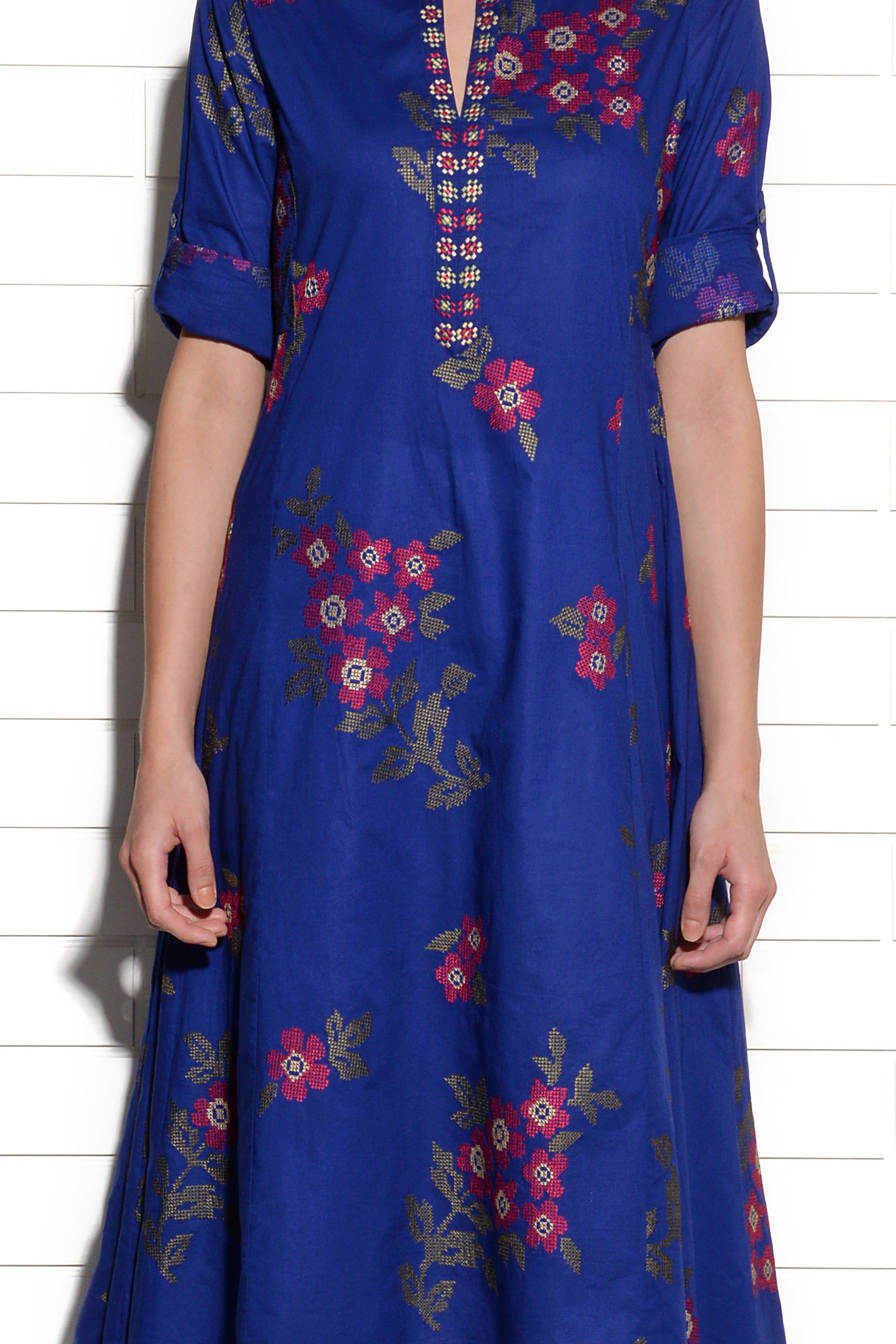 Tibouchina indigo tunic with cross stitch embroidery