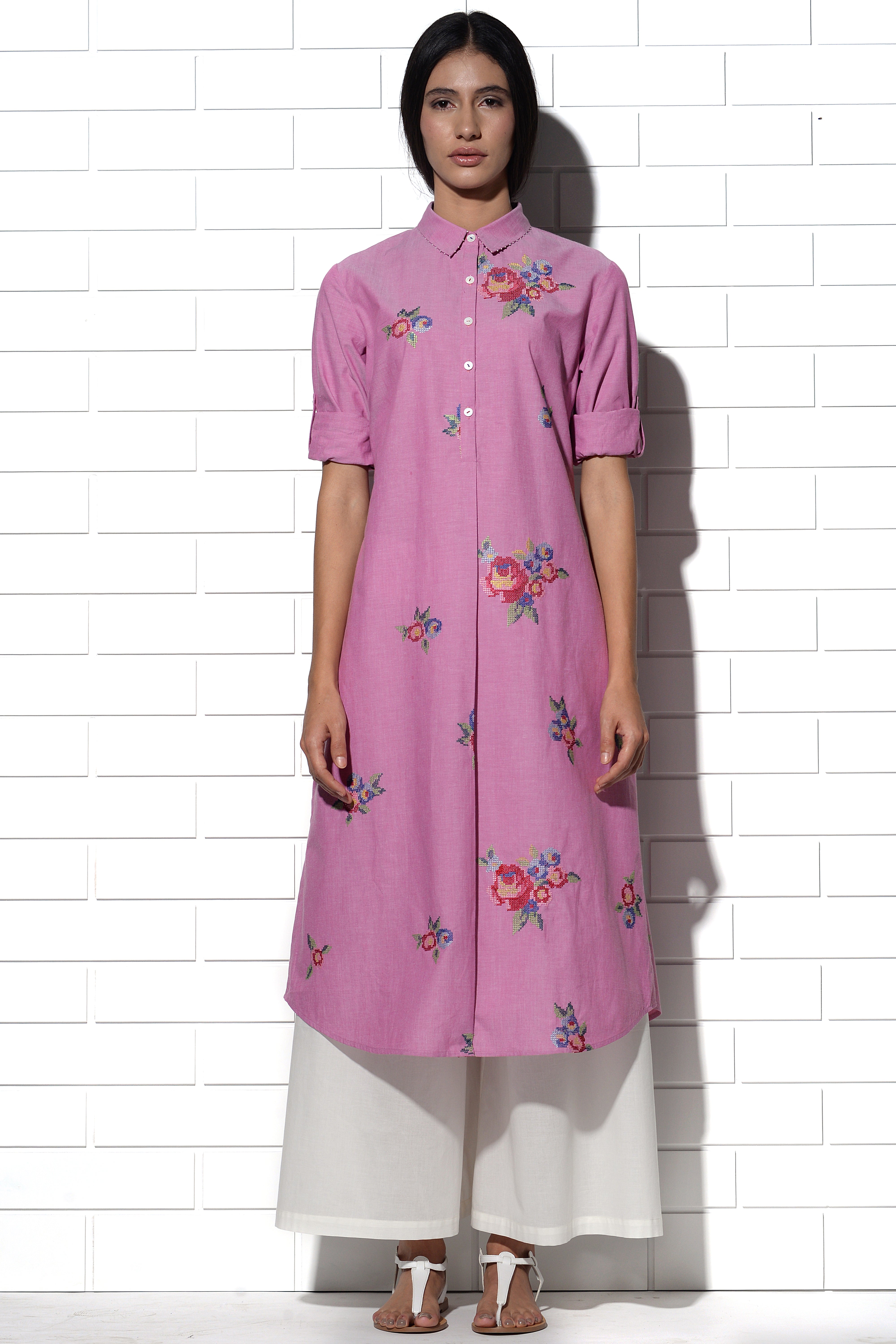 Sicily Tunic in pink with multi-rose embroidery