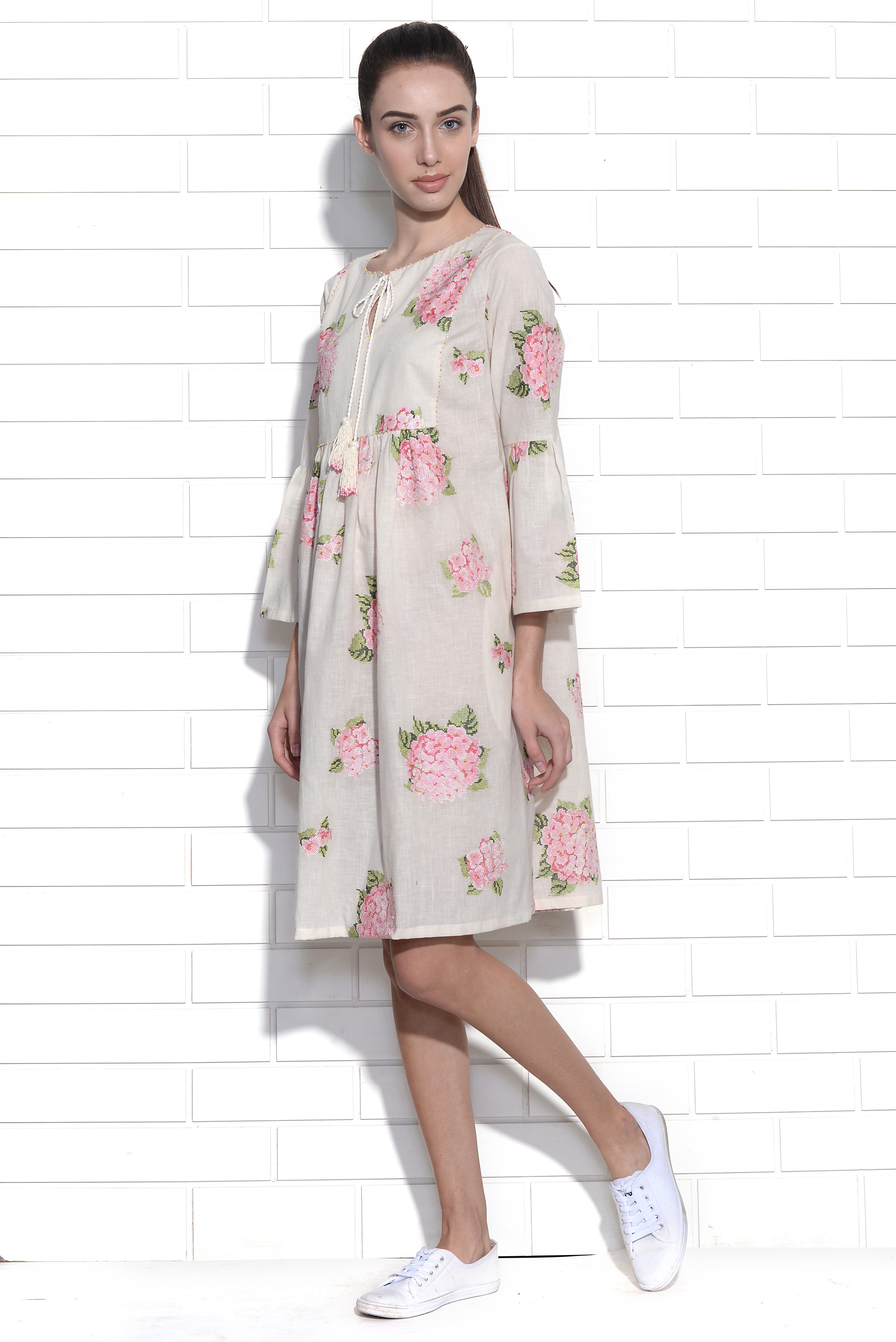 Flamingo pink hydrangea embroidered dress