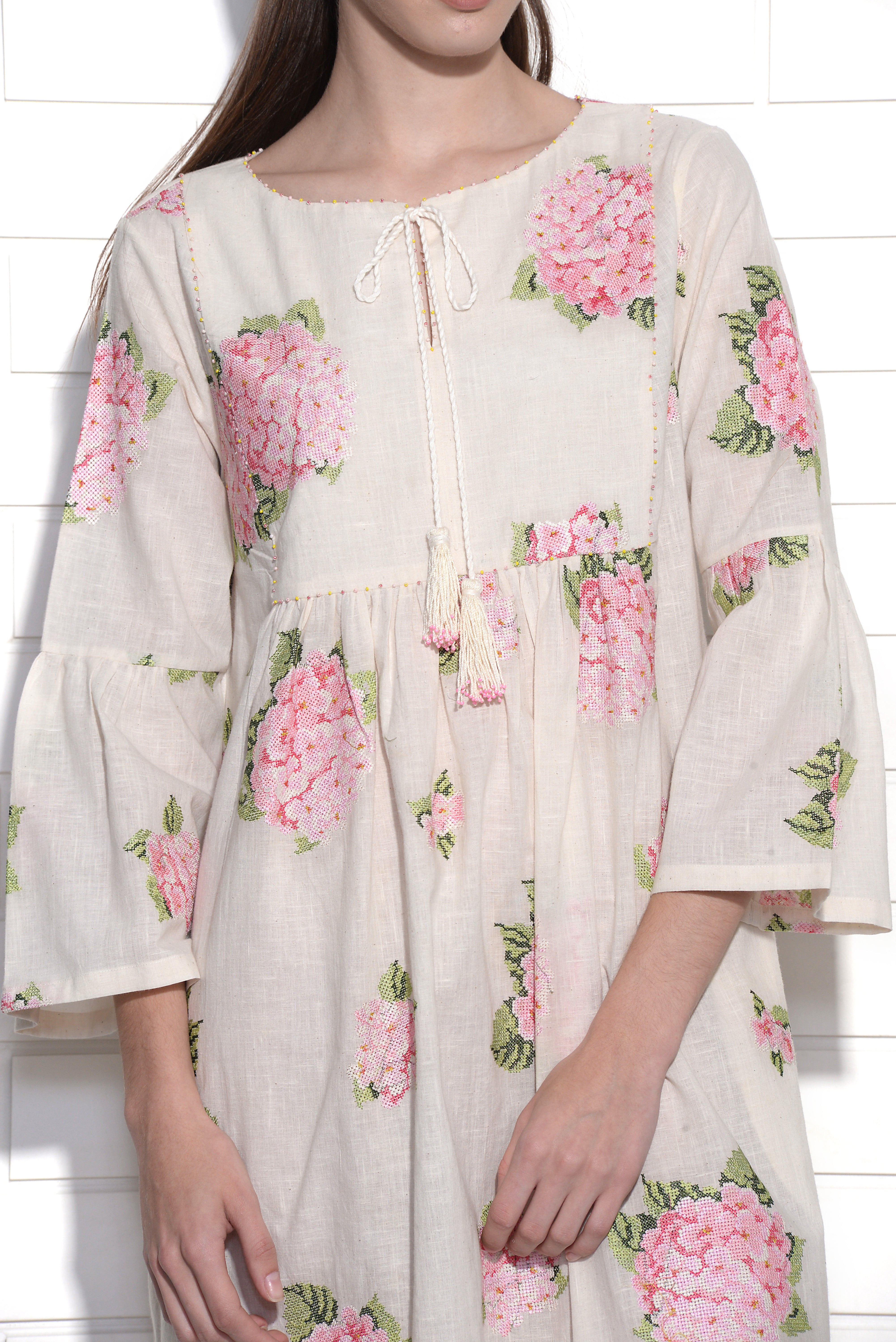 Flamingo pink hydrangea embroidered dress