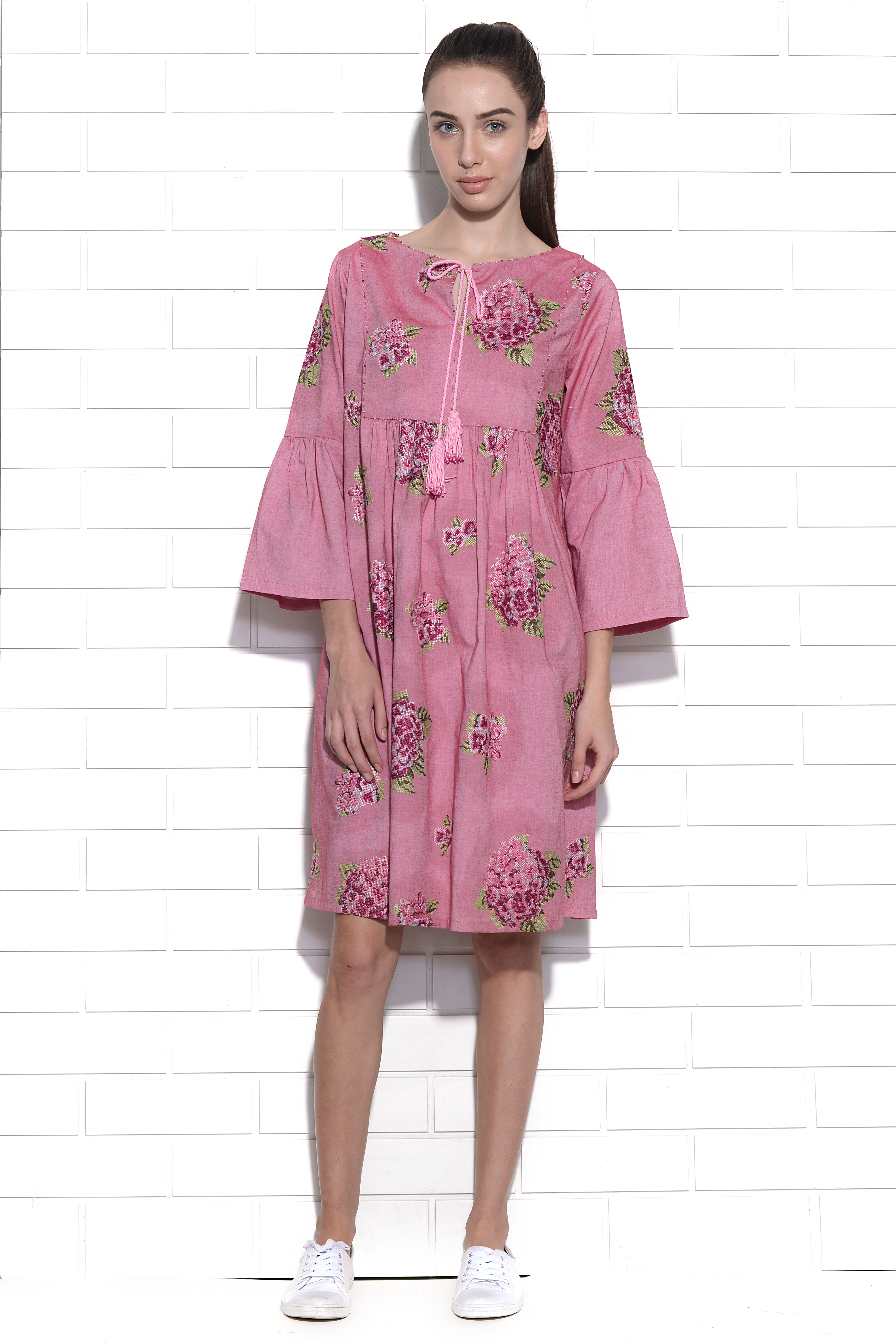 Ballet slipper pink hydrangea embroidered dress