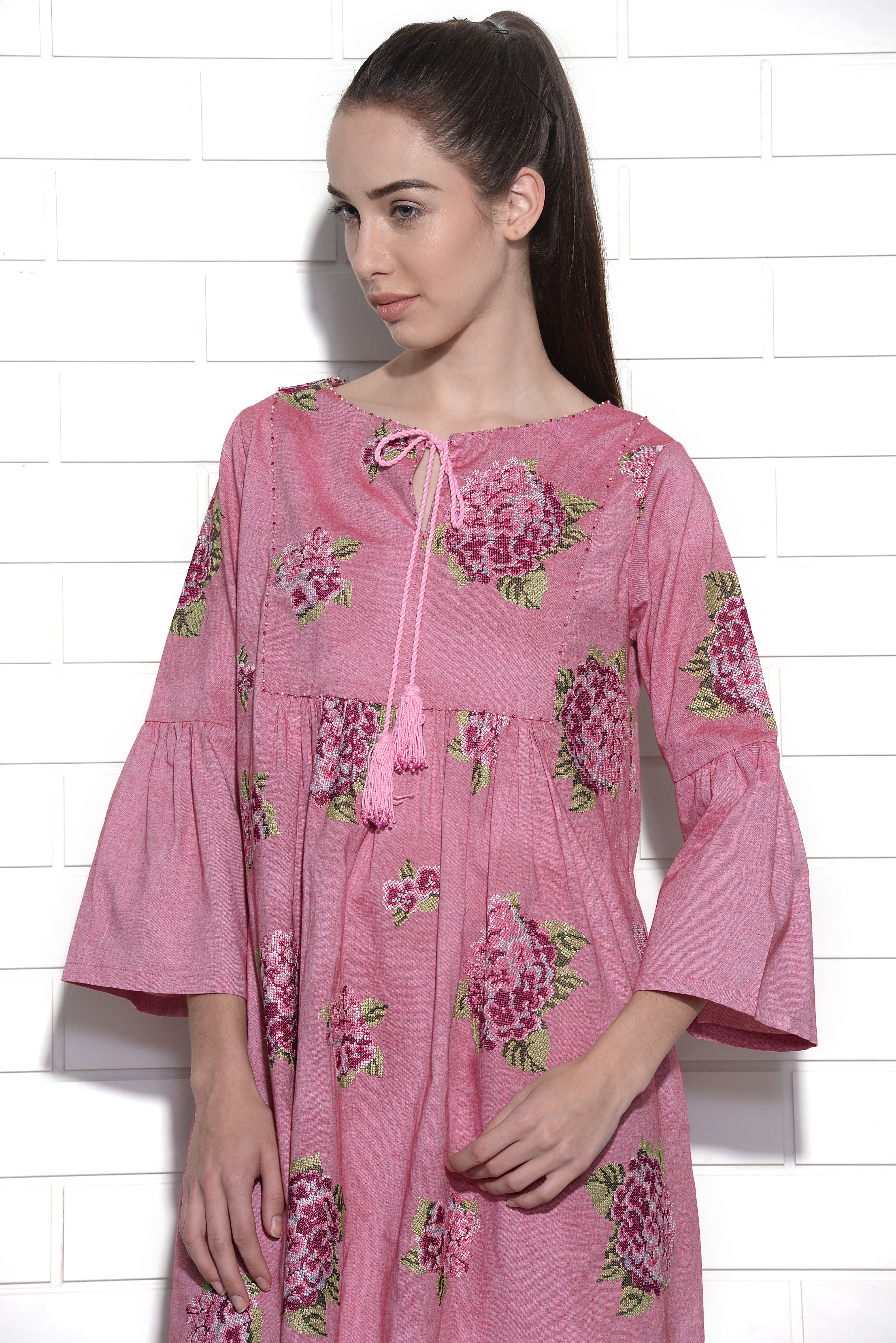 Ballet slipper pink hydrangea embroidered dress