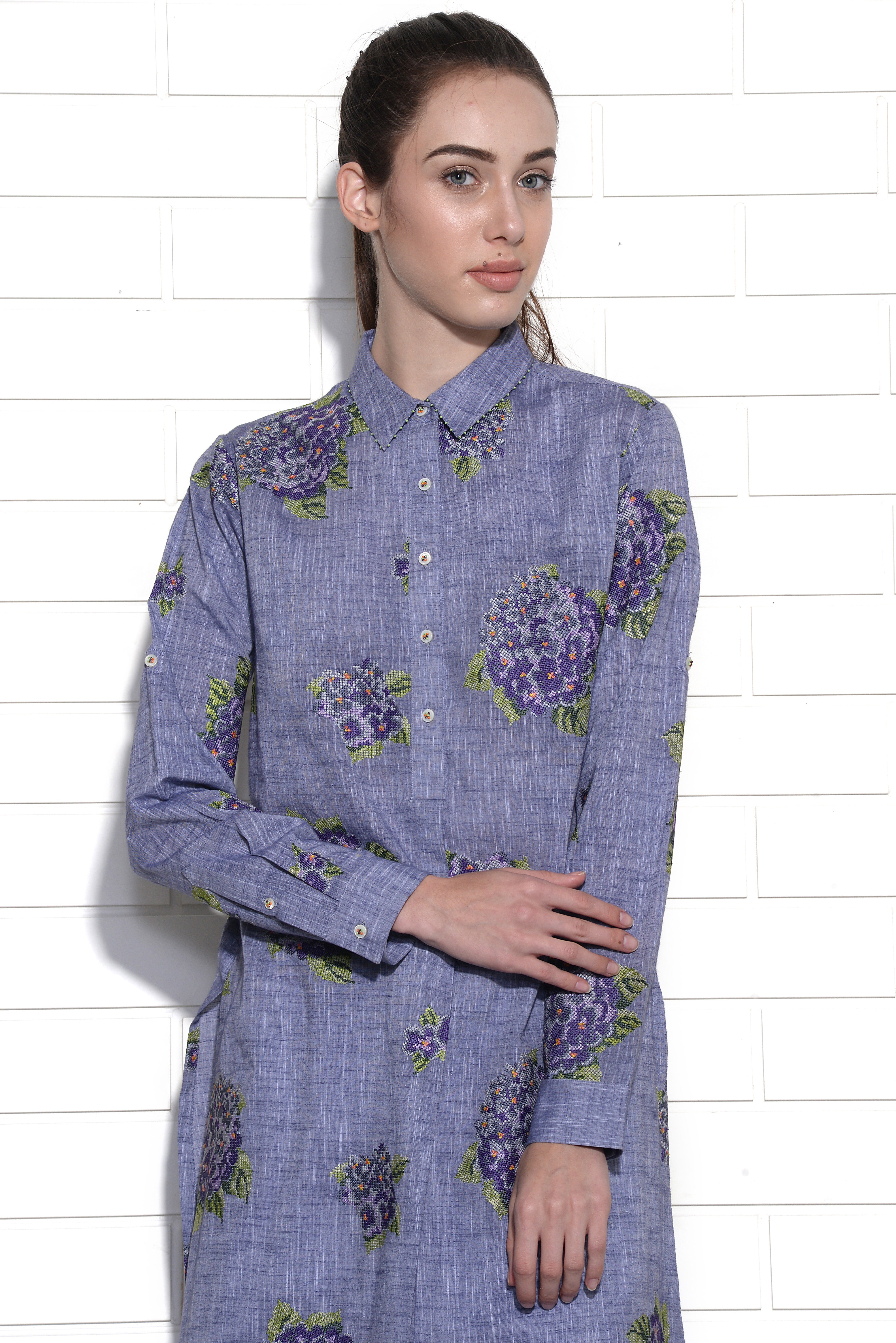 Lapiz blue embroidered hydrangea dress