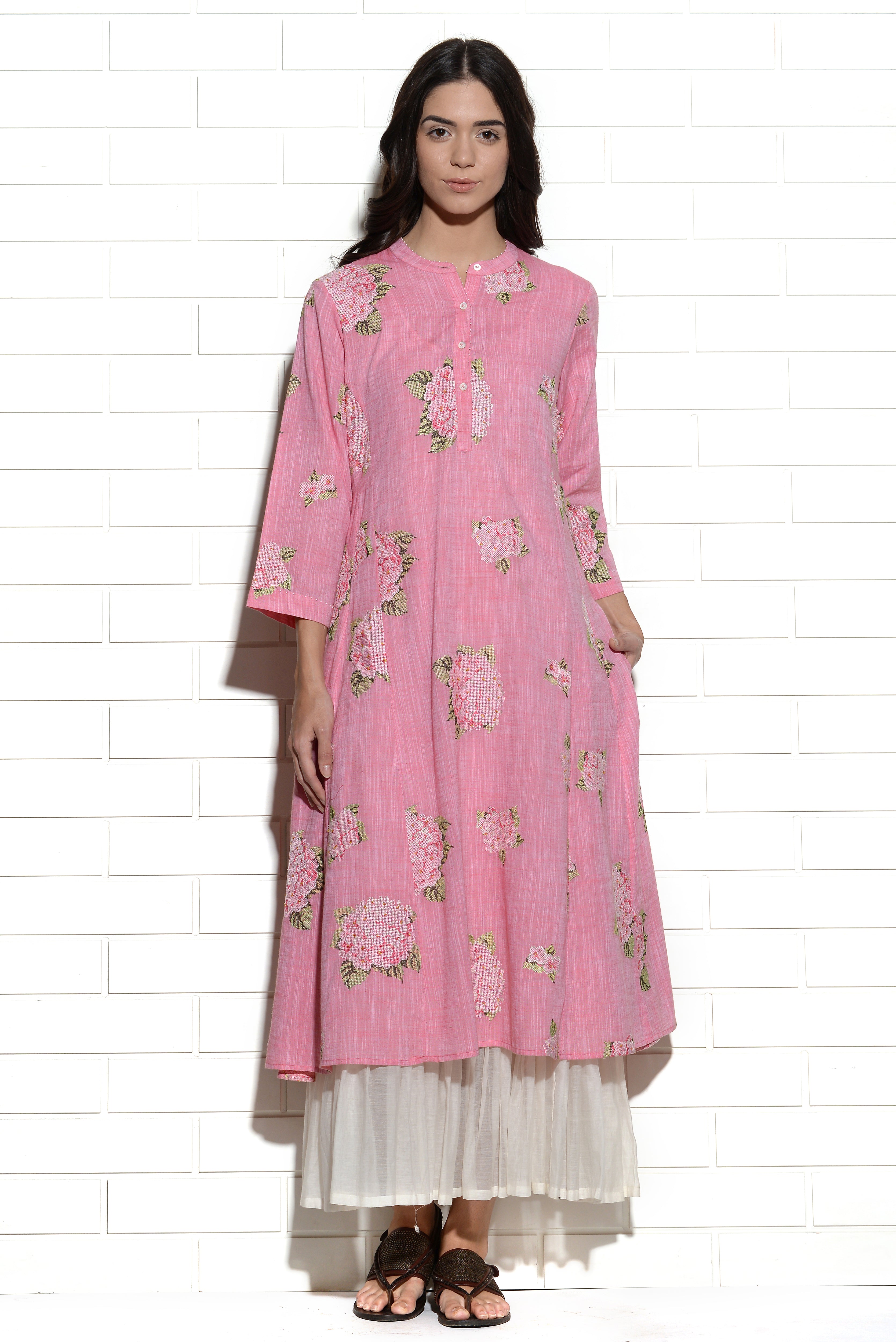 Cyclamen pink hydrangea embroidered dress
