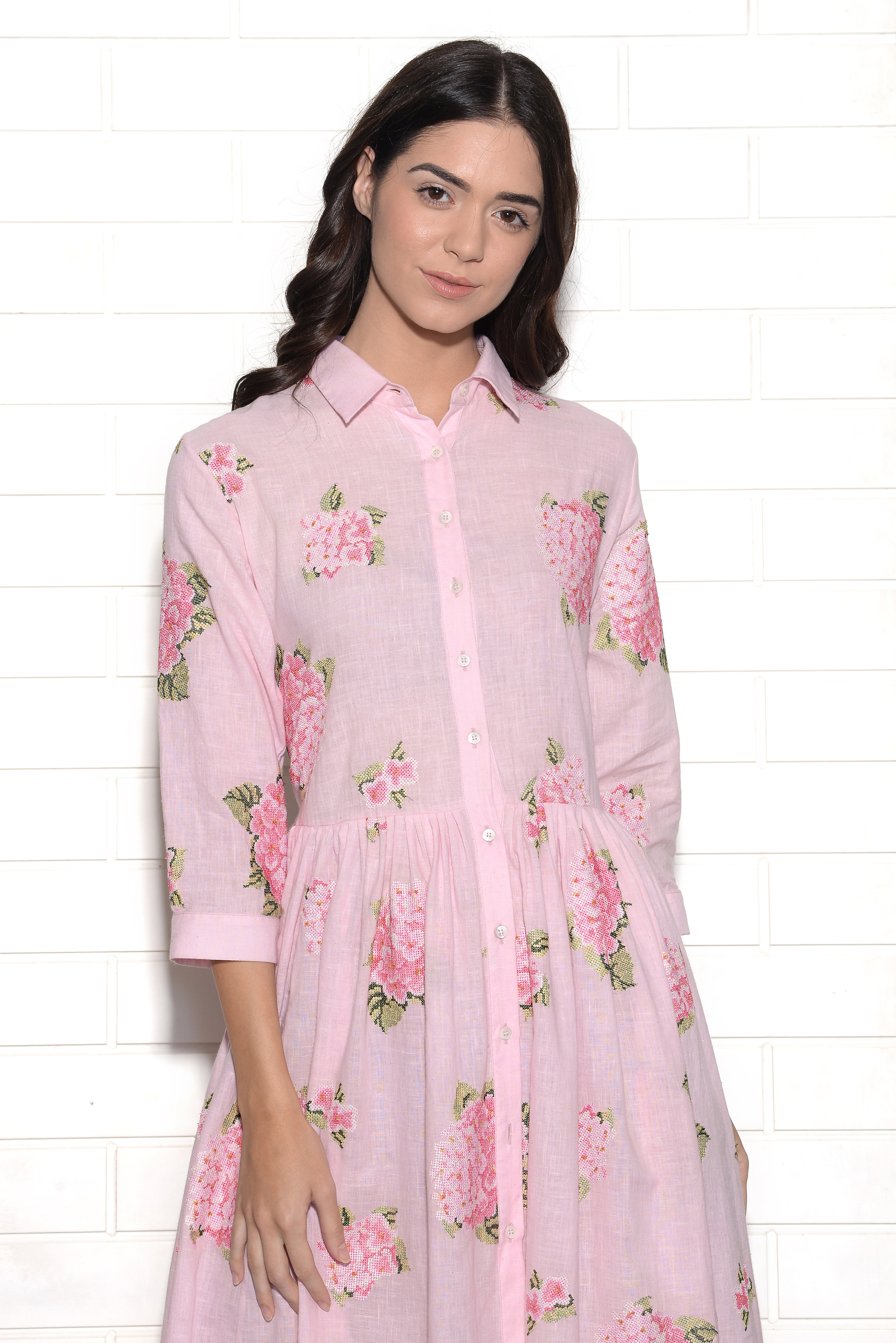 Champagne pink hydrangea embroidered dress