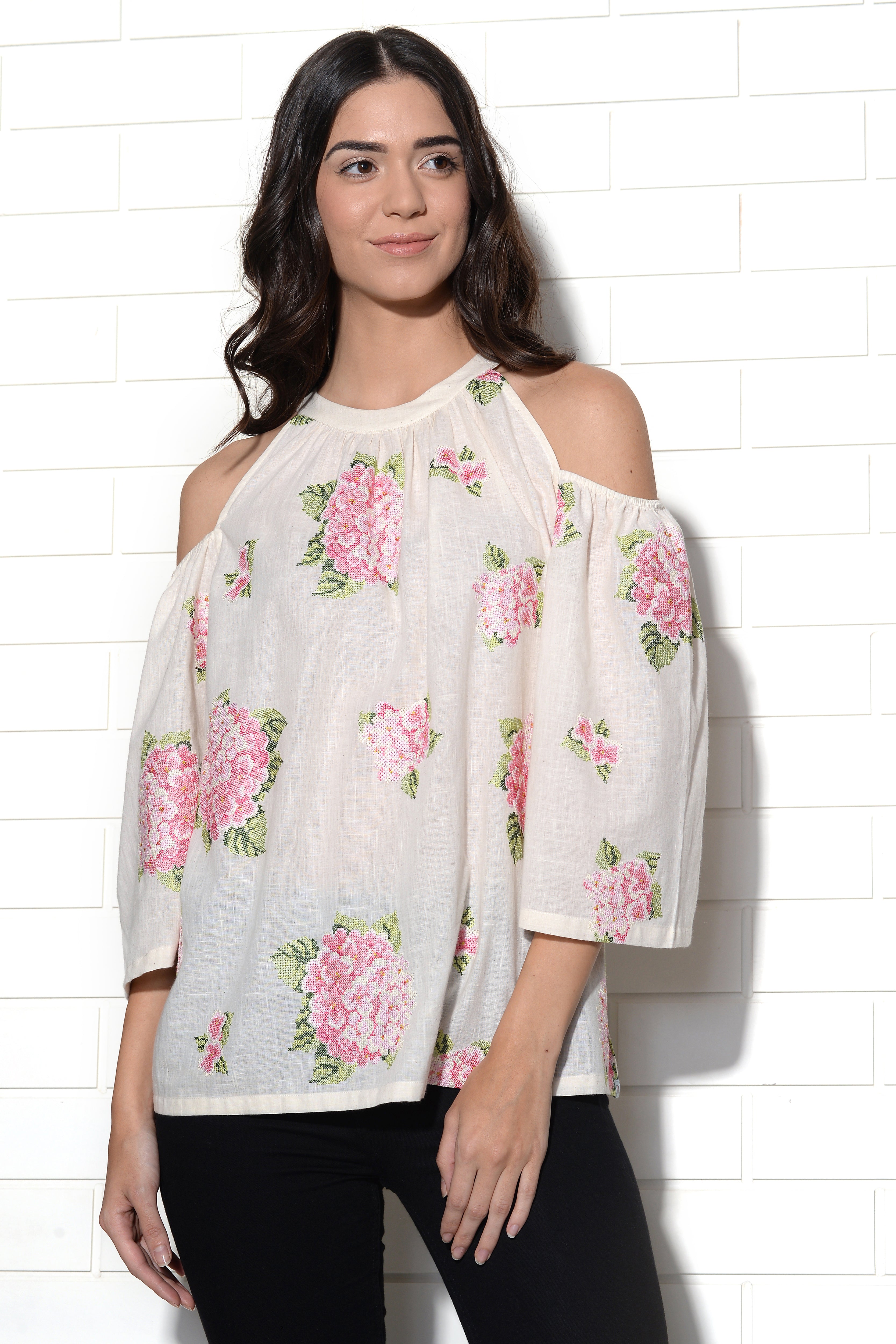 Vanilla strawberry hydrangea embroidered top