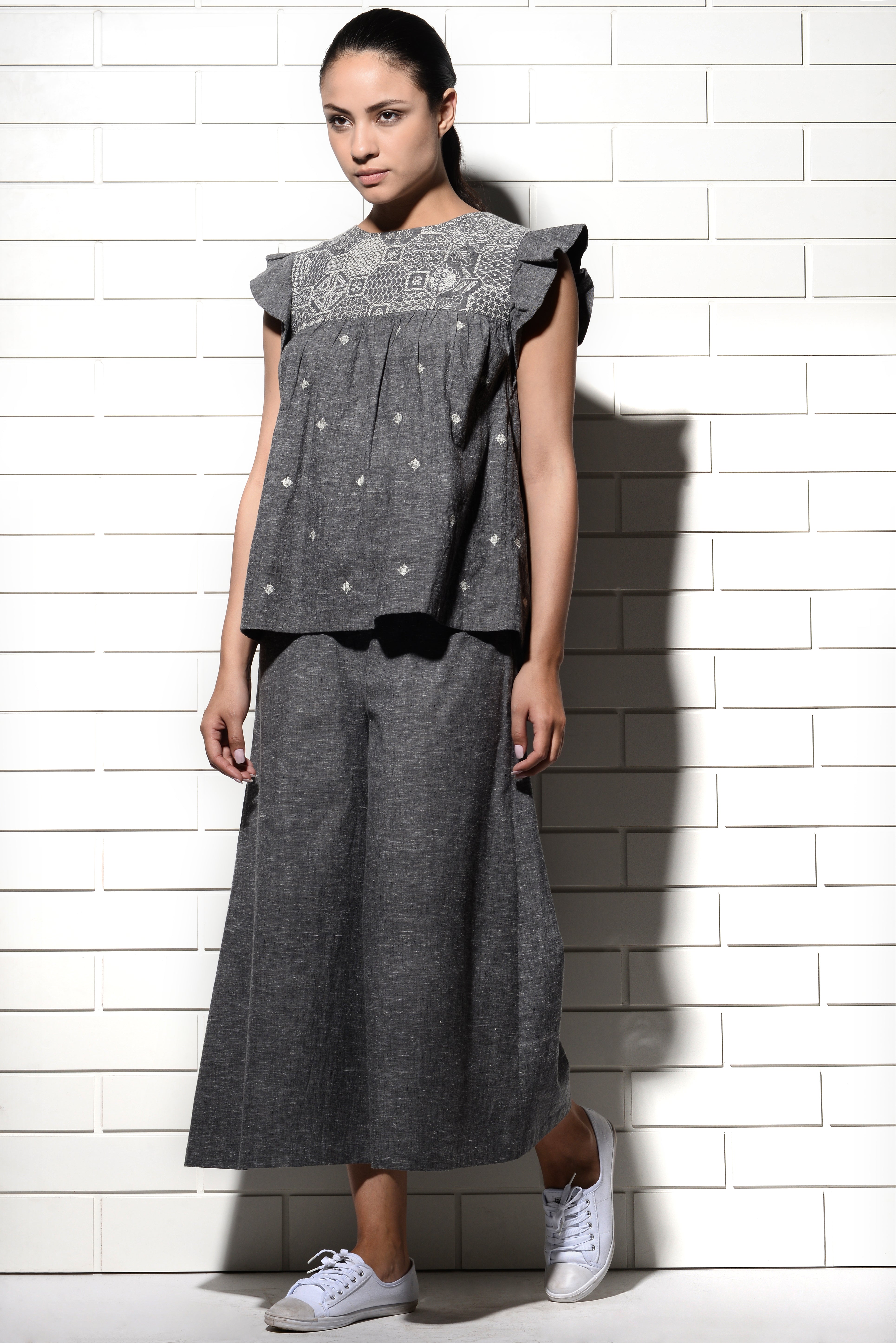 Muqarna embroidered Top with ruffled sleeves