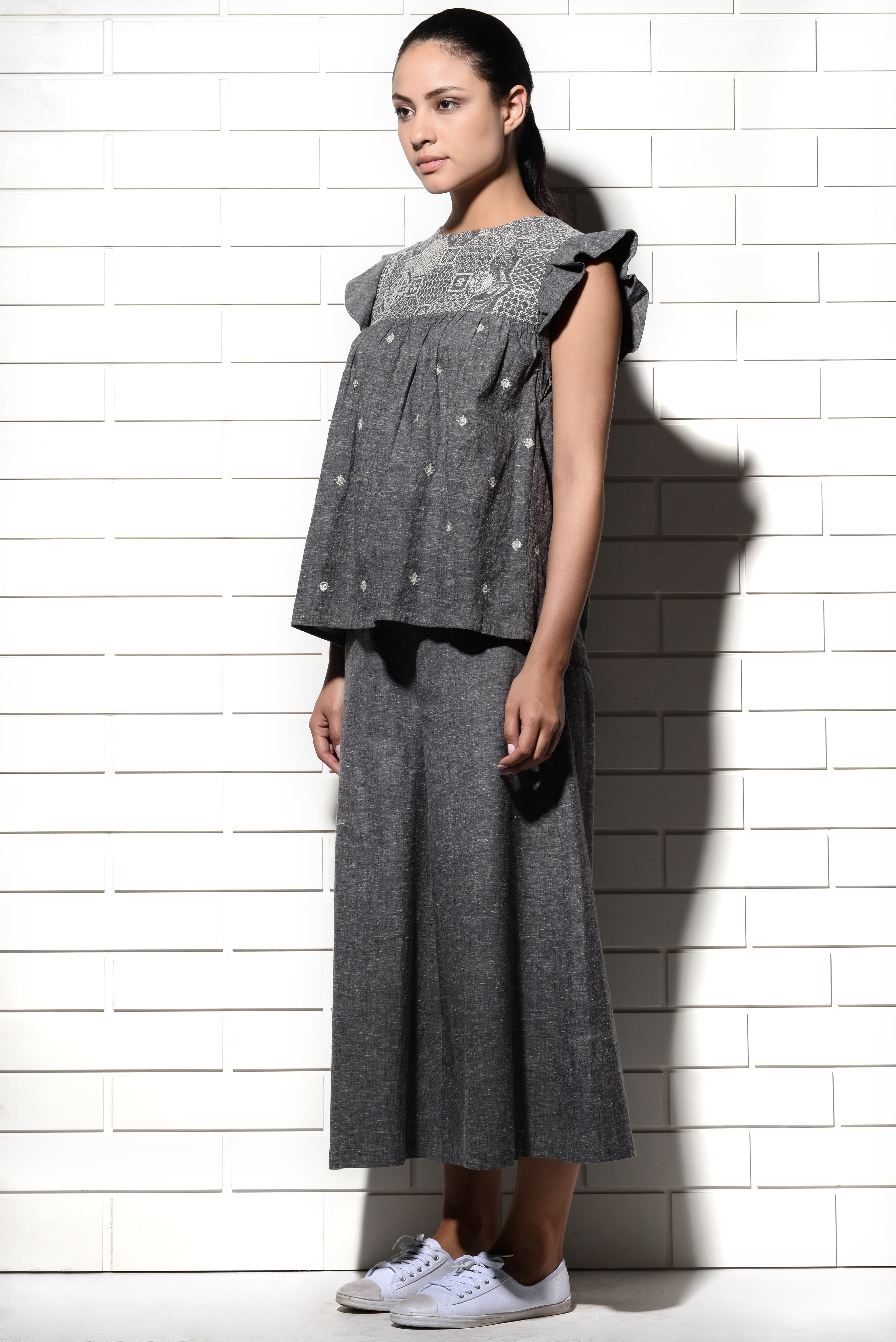 Muqarna embroidered Top with ruffled sleeves