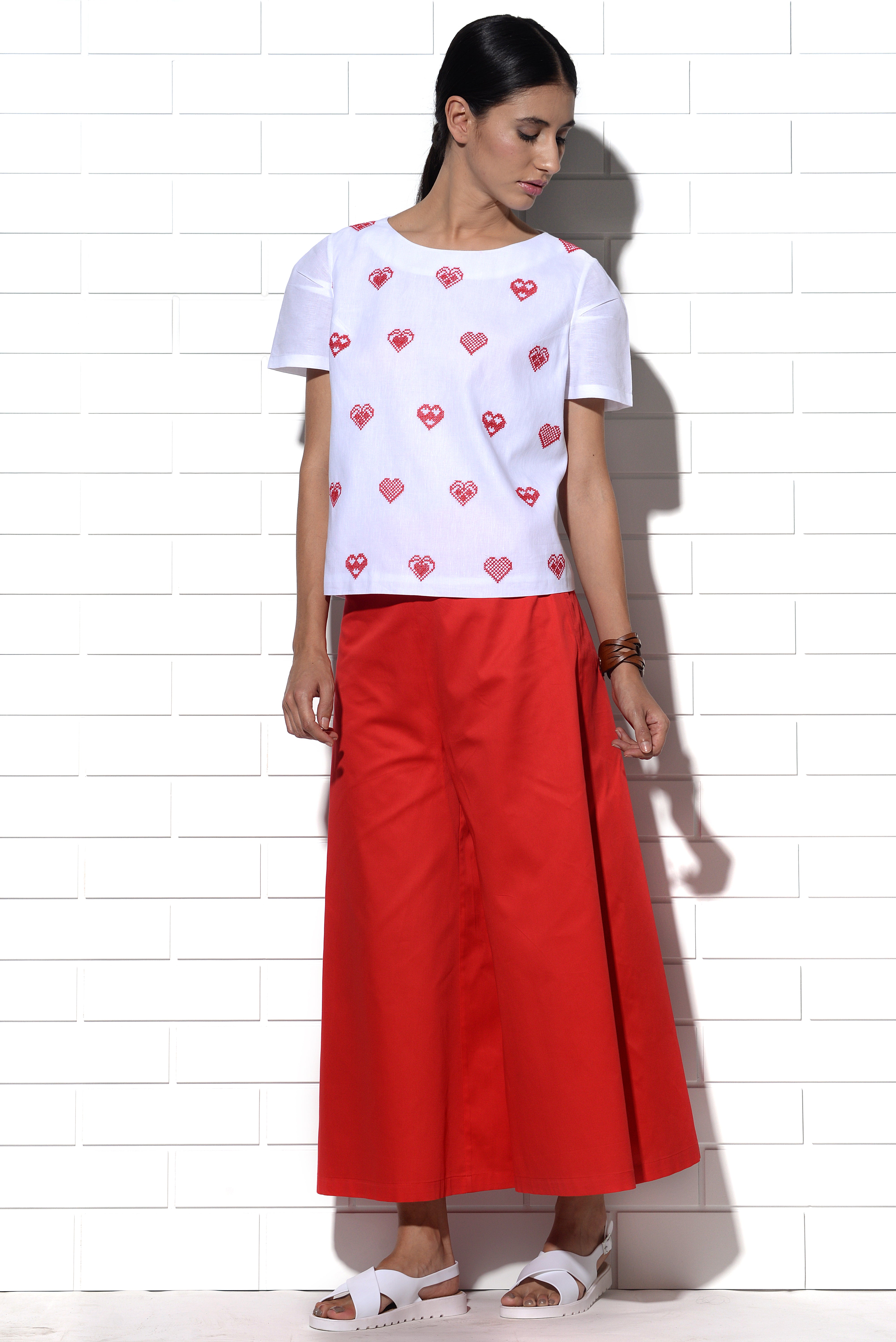 Mykonos Top in white with red hearts embroidery