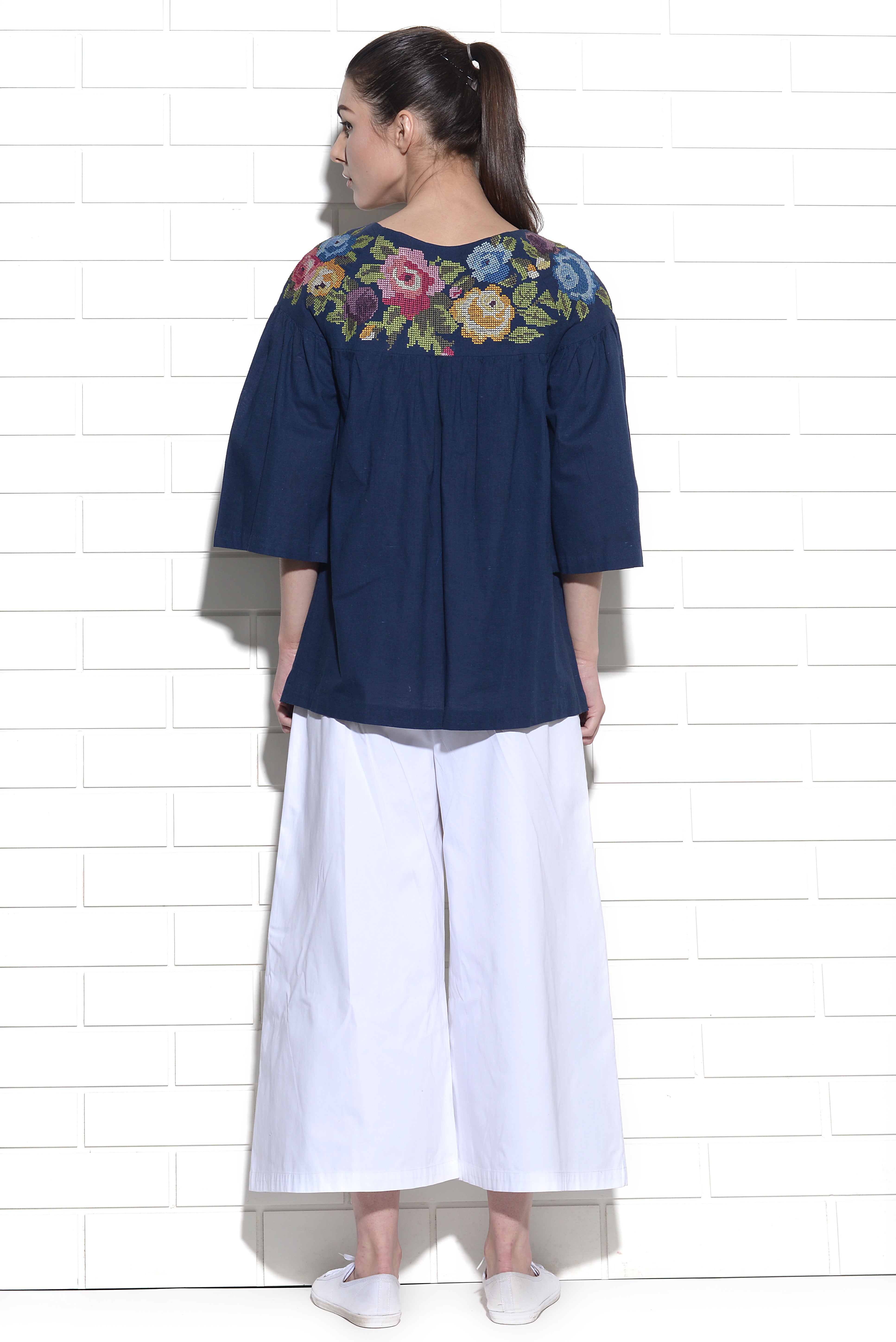Levantera gathered top with Rose cross stitch embroidery