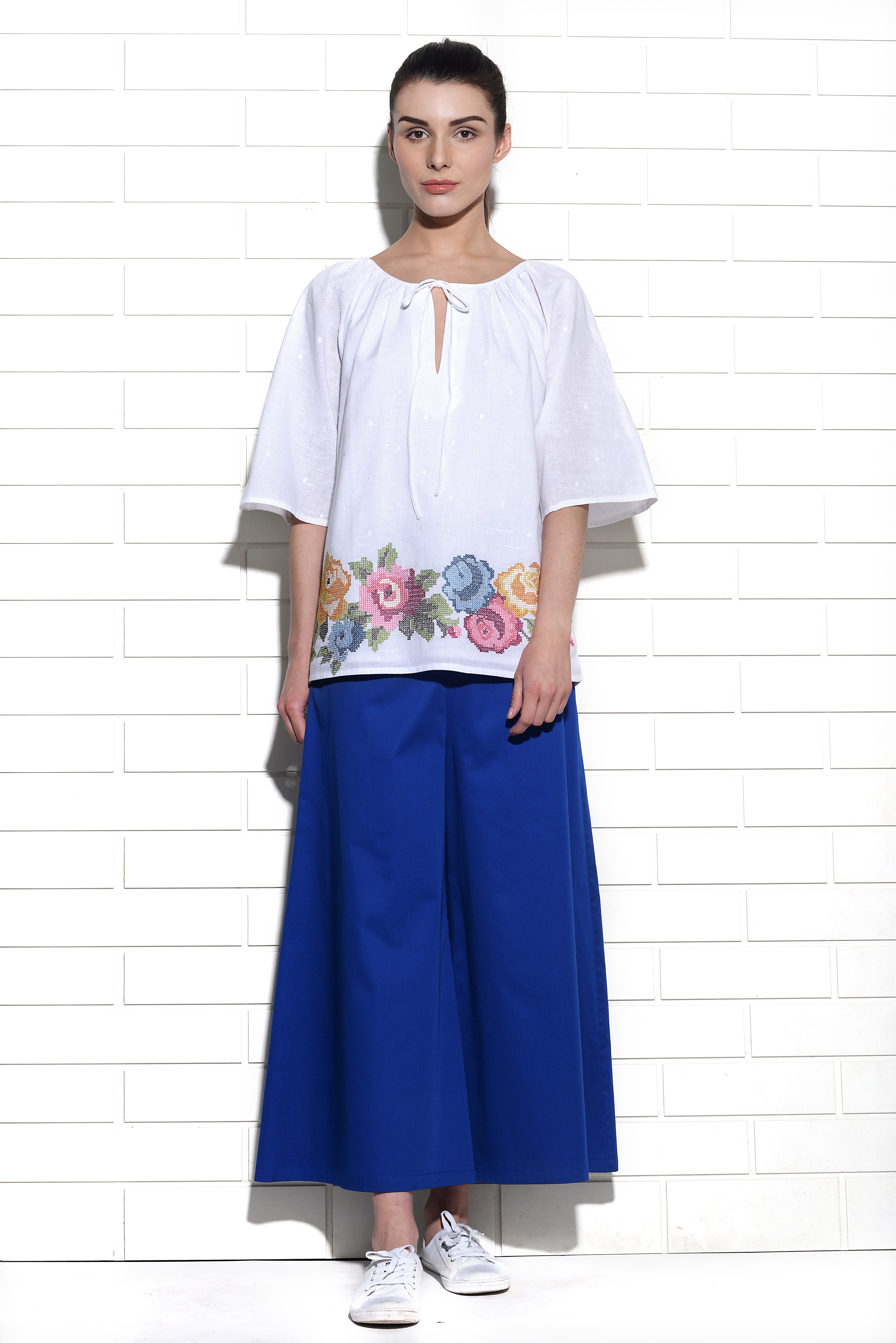 Zephyros drawstring top with rose cross stitch embroidery