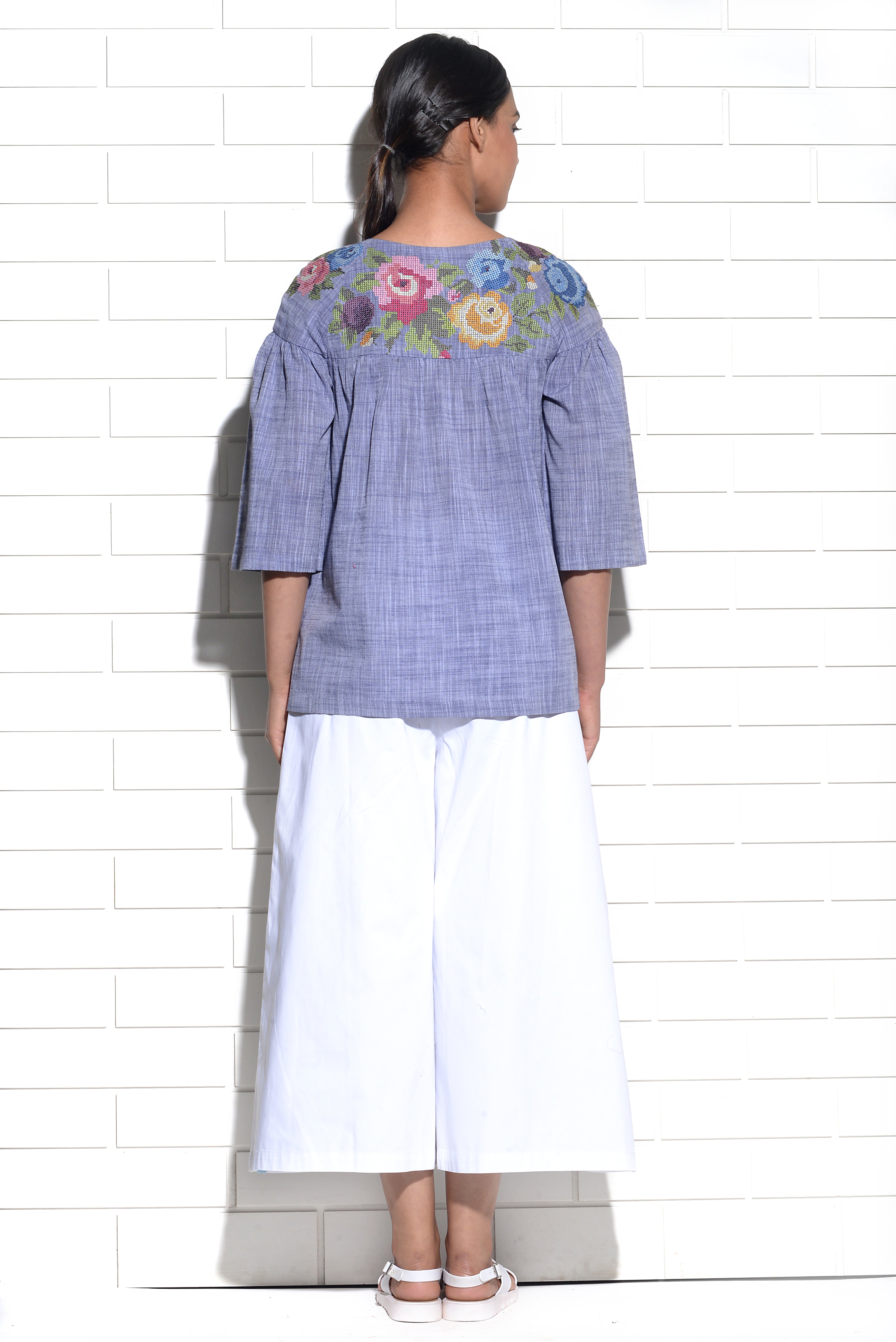 Levantera gathered top with Rose cross stitch embroidery