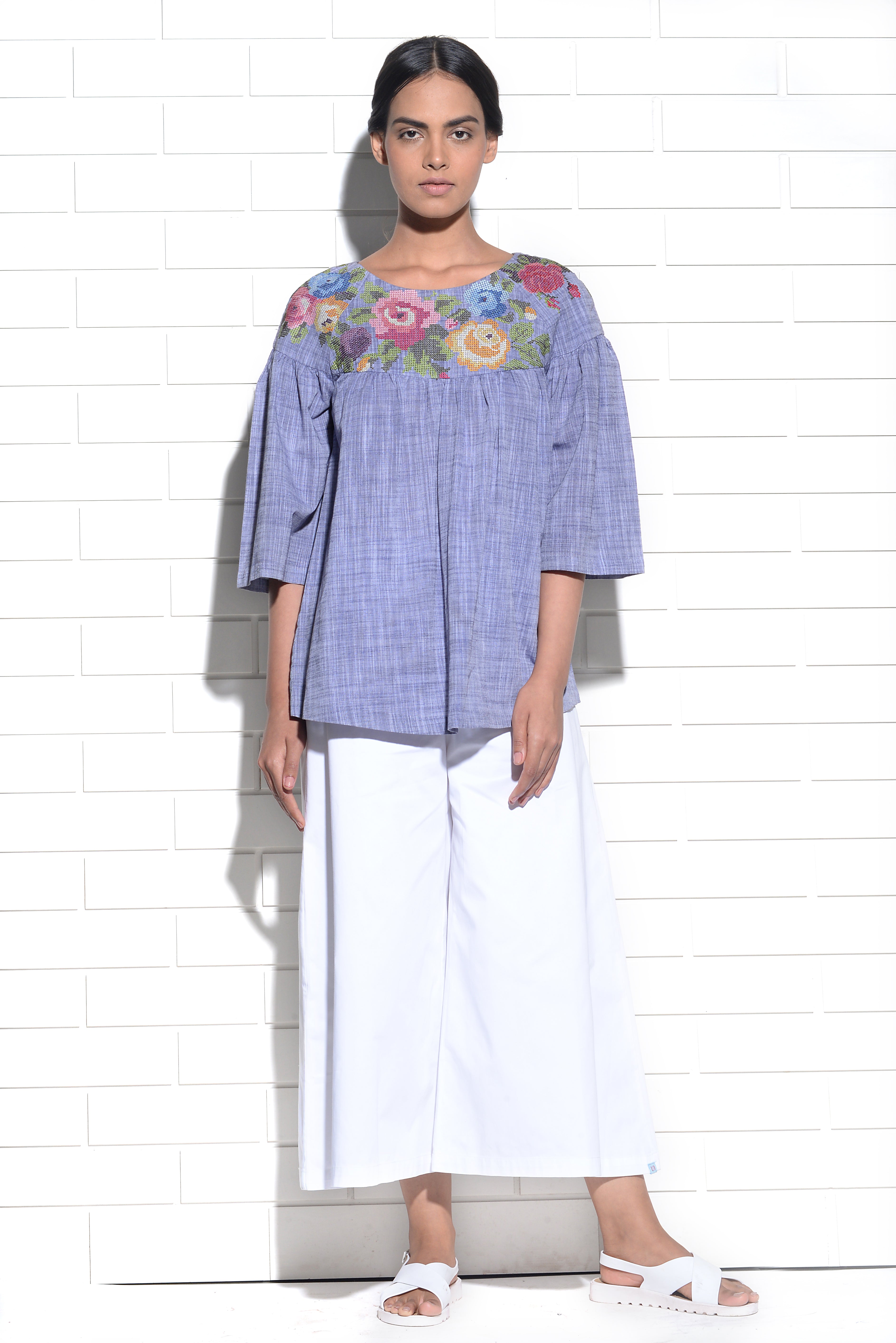 Levantera gathered top with Rose cross stitch embroidery