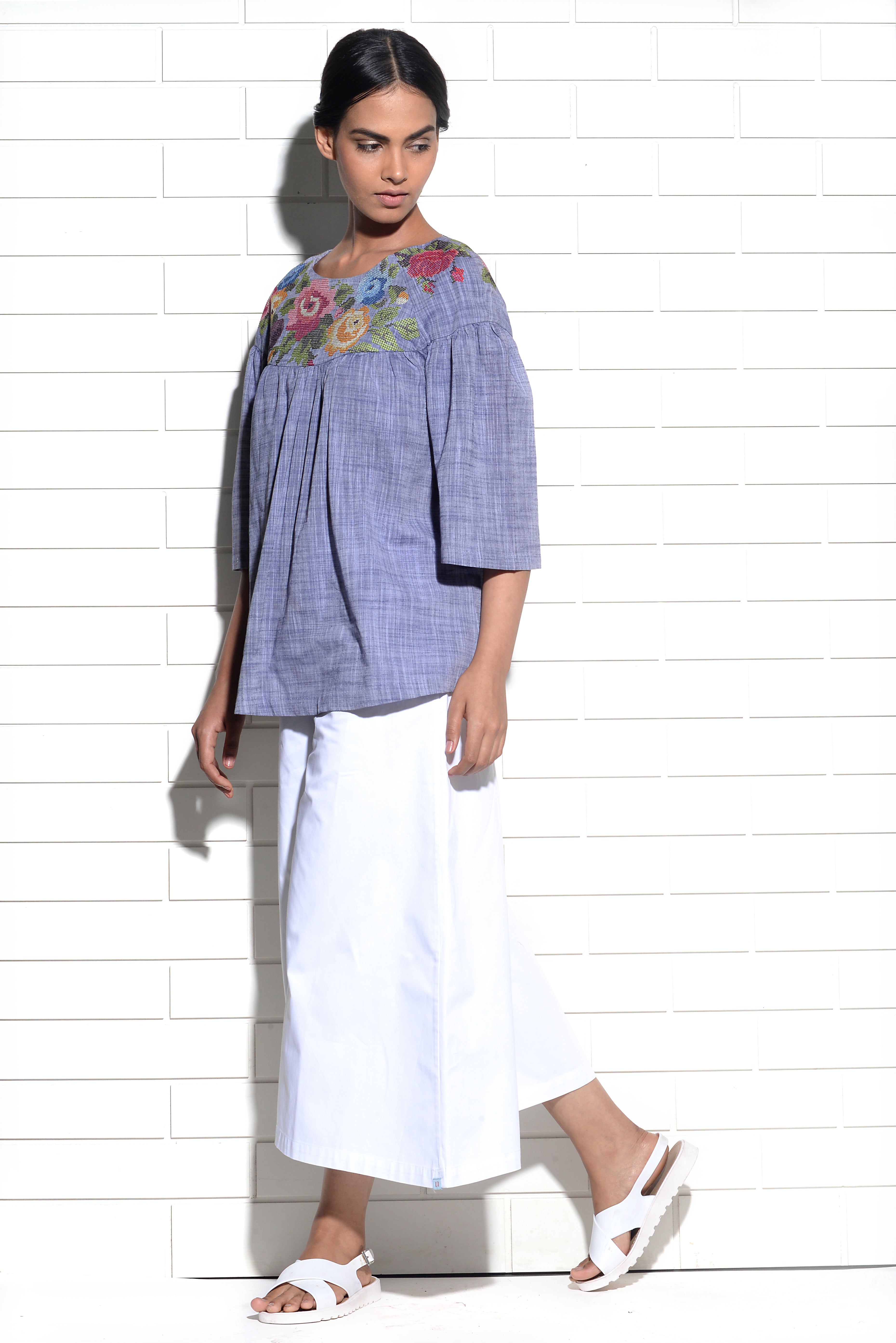 Levantera gathered top with Rose cross stitch embroidery