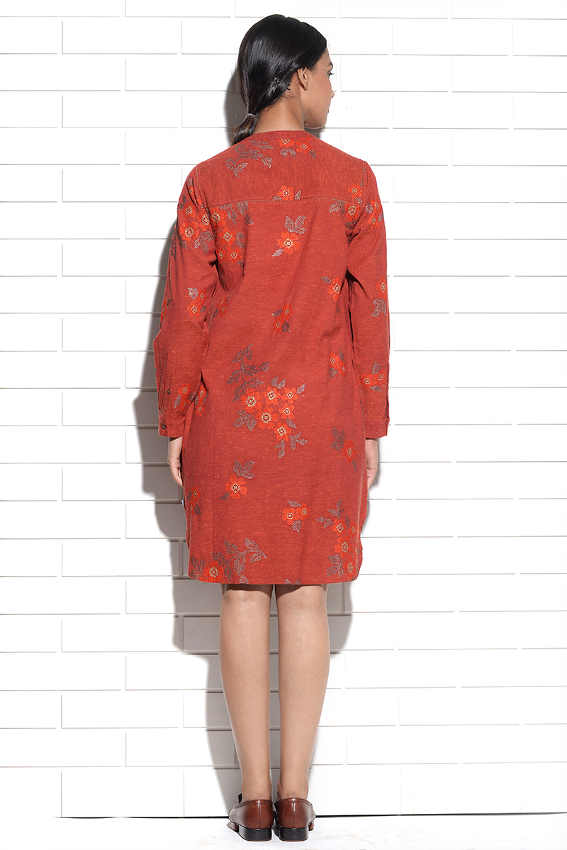 Burnt orange Iris Shirt Dress with cross stitch embroidery