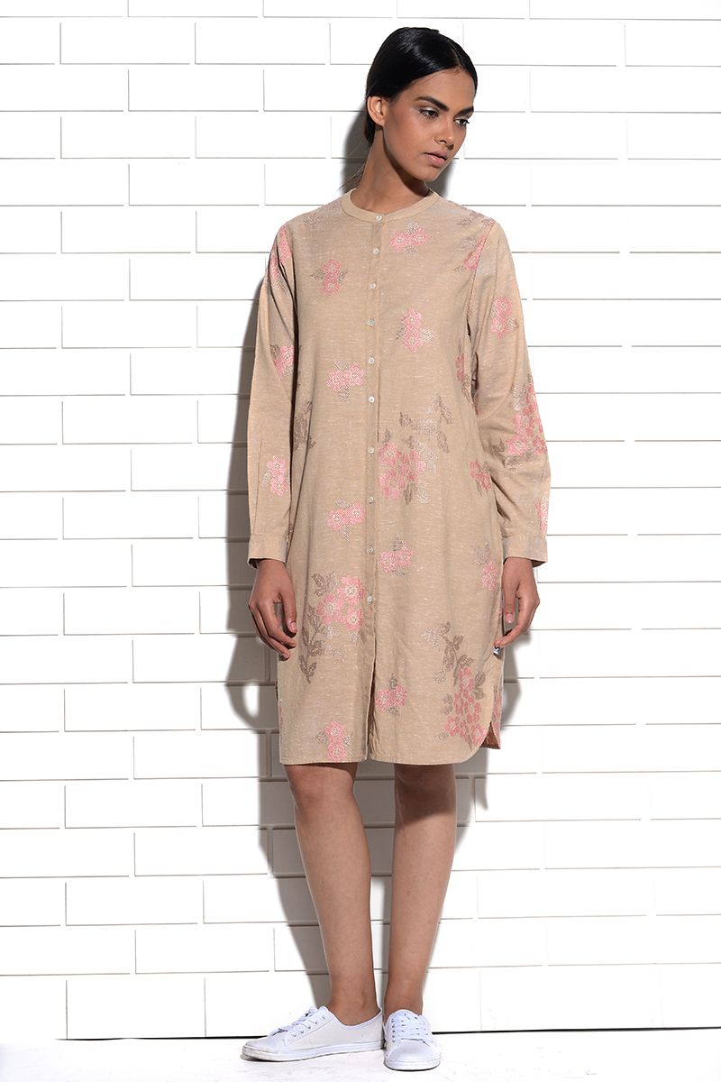 Beige Iris Shirt Dress with cross stitch embroidery