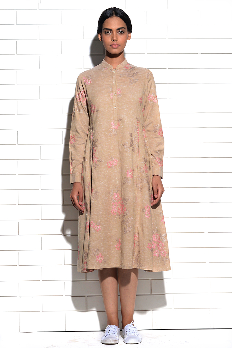 Beige Magnolia Tunic Dress with cross stitch embroidery