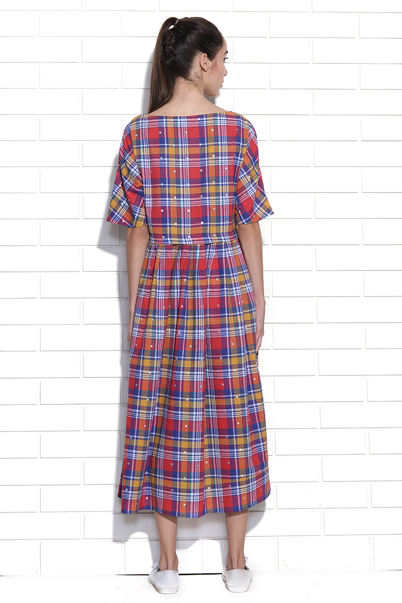 Girona checkered dress with polka dot embroidery