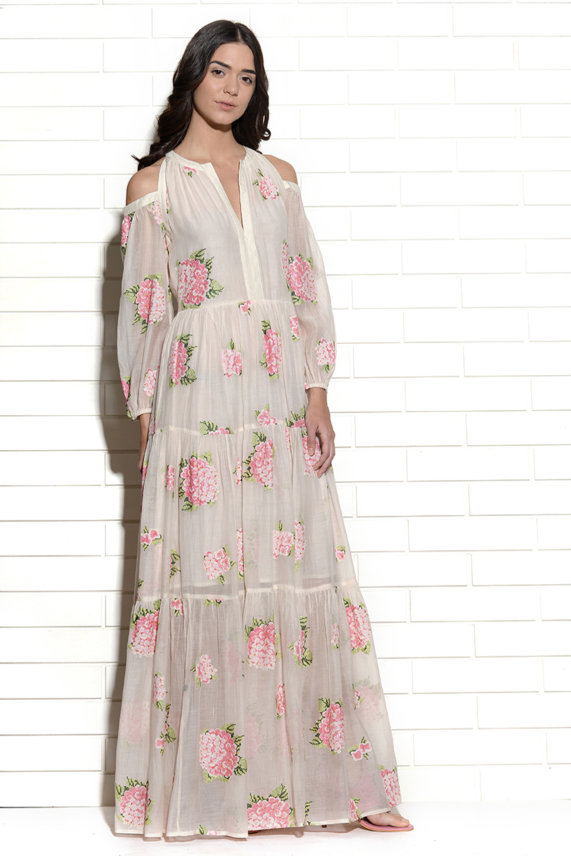 Diaphanous cold shoulder embroidered hydrangea dress in pink