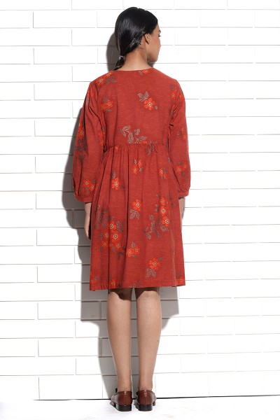 Burnt orange Celosia Dress with cross stitch embroidery