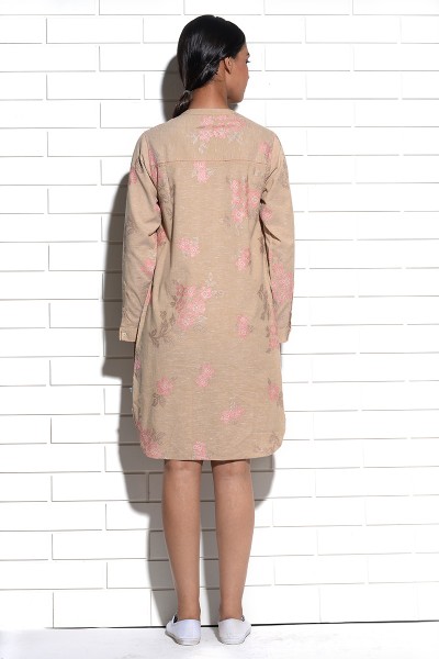 Beige Iris Shirt Dress with cross stitch embroidery