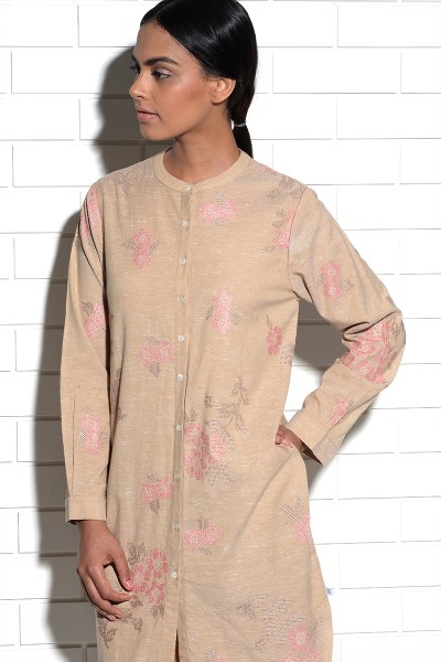 Beige Iris Shirt Dress with cross stitch embroidery