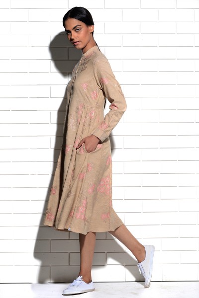 Beige Magnolia Tunic Dress with cross stitch embroidery