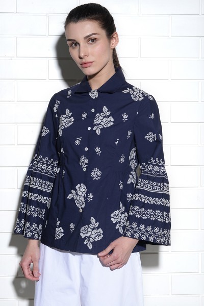 Tulip sleeve collared shirt with cross stitch embroidery