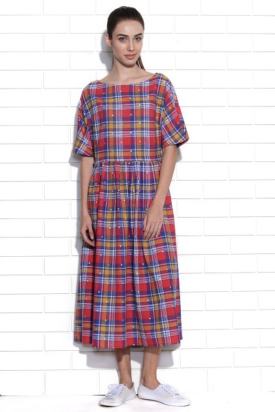 Girona checkered dress with polka dot embroidery