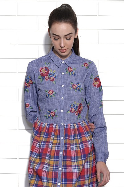 Madeleine checkered dress with flower and dot embroidery