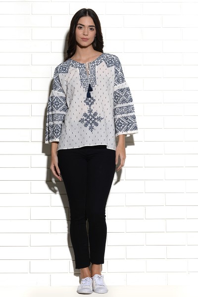 Tribe cross stitch embroidered peasant top