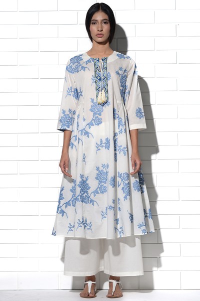Ibiza Tunic in ivory with blue rose embroidery