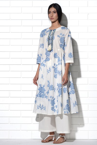 Ibiza Tunic in ivory with blue rose embroidery